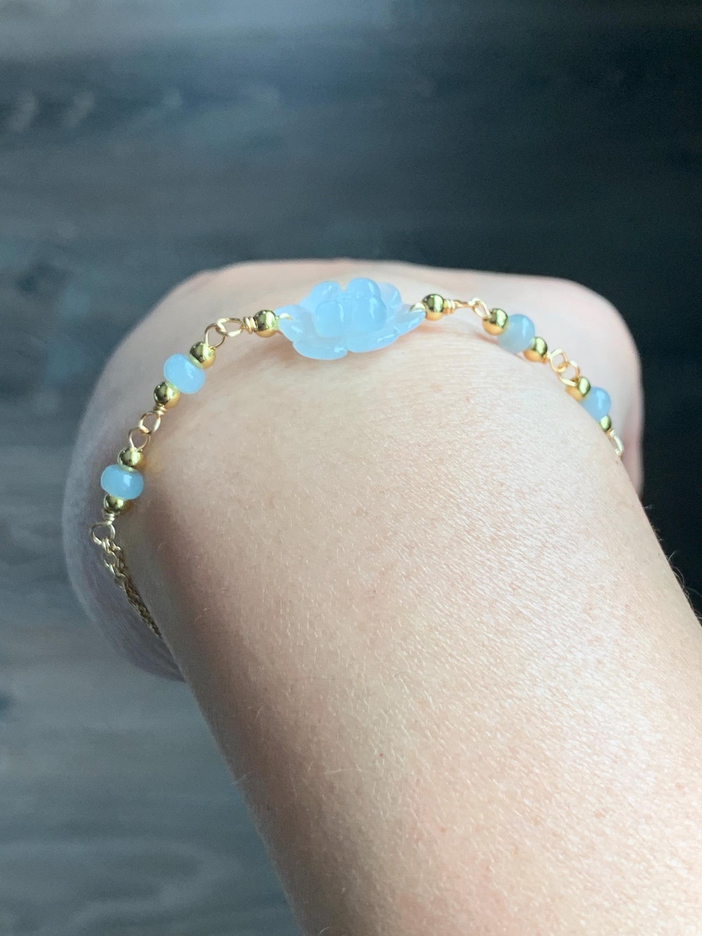 Natural Grade A Icy Translucent Pastel Green Jadeite Lotus Flower Chain Bracelet 14K Gold Filled Magnetic Clasp 6.5” 天然冰晴底翡翠莲花14K包金手链 BJH-B