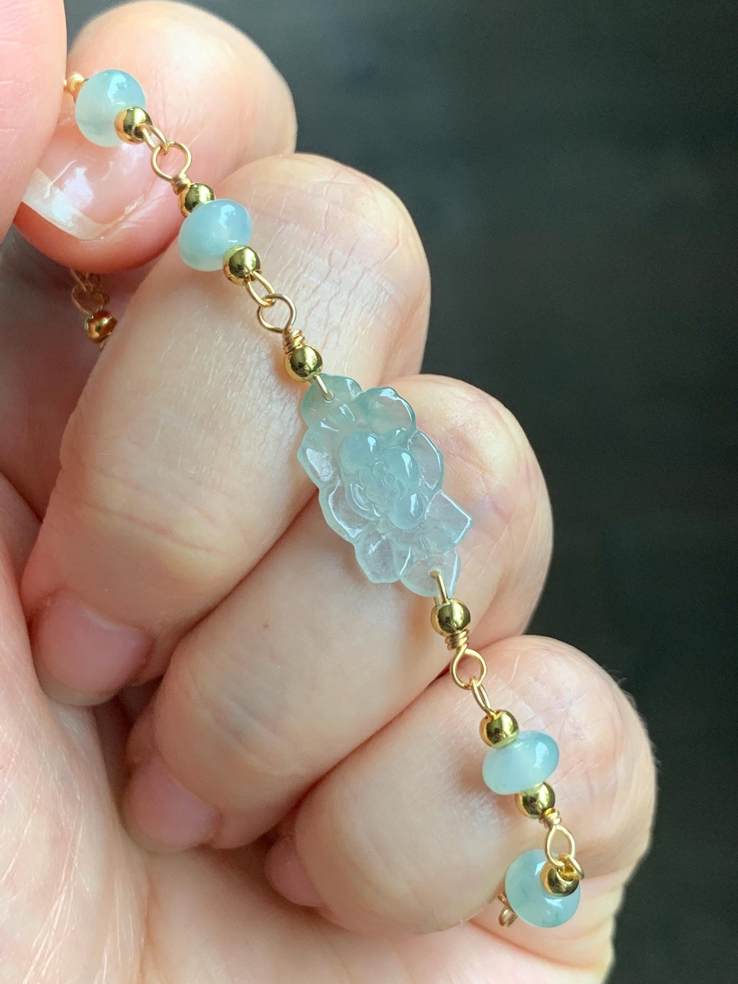 Natural Grade A Icy Translucent Green Marbled Jadeite Lotus Flower Chain Bracelet 14K Gold Filled Magnetic Clasp 6.5” 天然冰飘花翡翠莲花14K包金手链 BJH-C