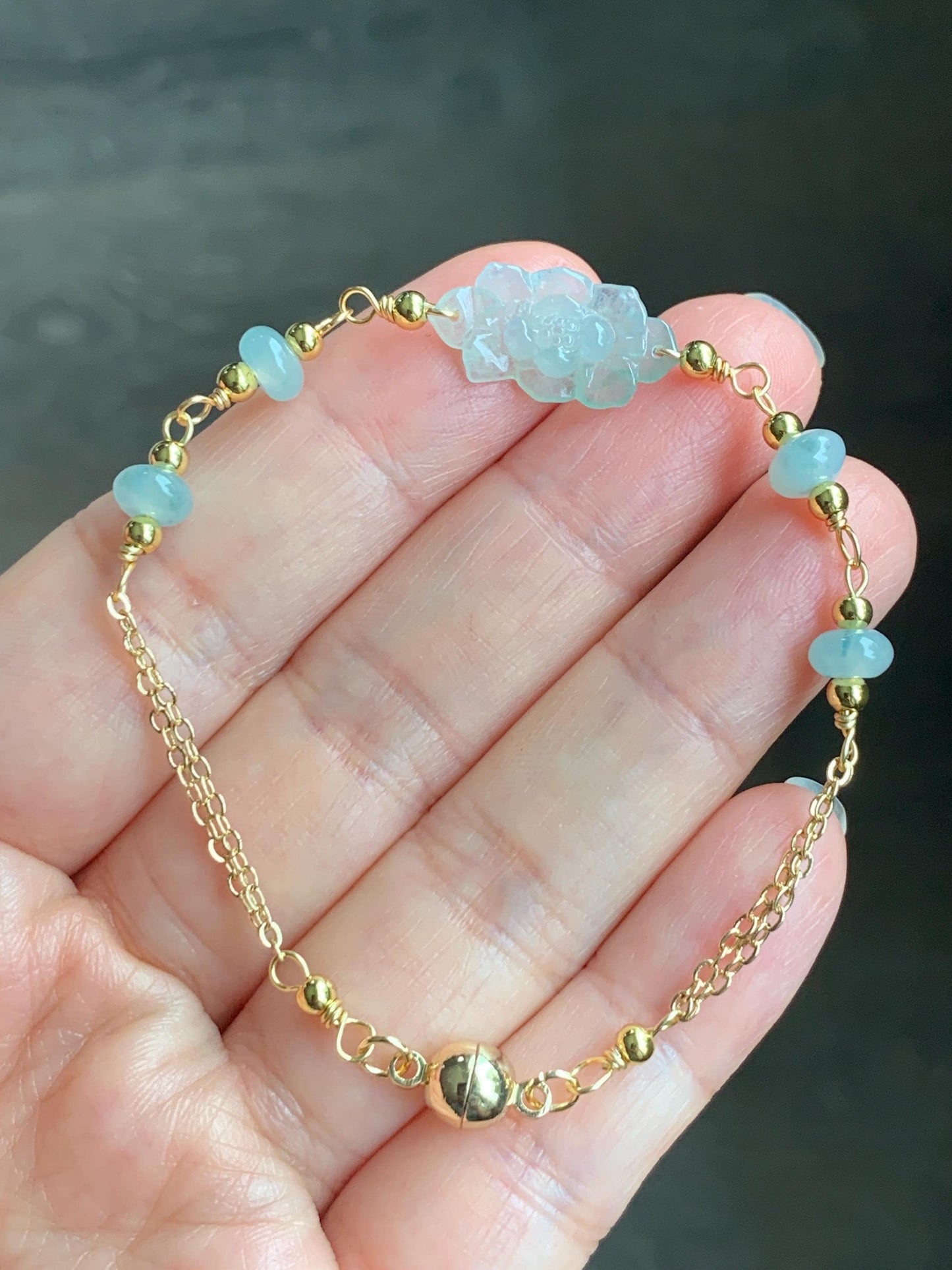 Natural Grade A Icy Translucent Green Marbled Jadeite Lotus Flower Chain Bracelet 14K Gold Filled Magnetic Clasp 6.5” 天然冰飘花翡翠莲花14K包金手链 BJH-C