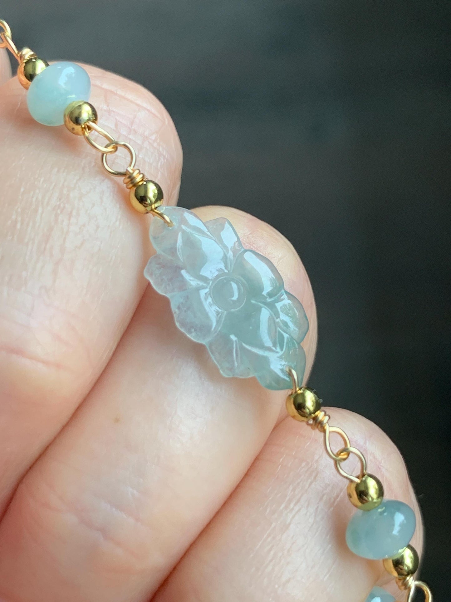 Natural Grade A Icy Translucent Green Marbled Jadeite Lotus Flower Chain Bracelet 14K Gold Filled Magnetic Clasp 6.5” 天然冰飘花翡翠莲花14K包金手链 BJH-C