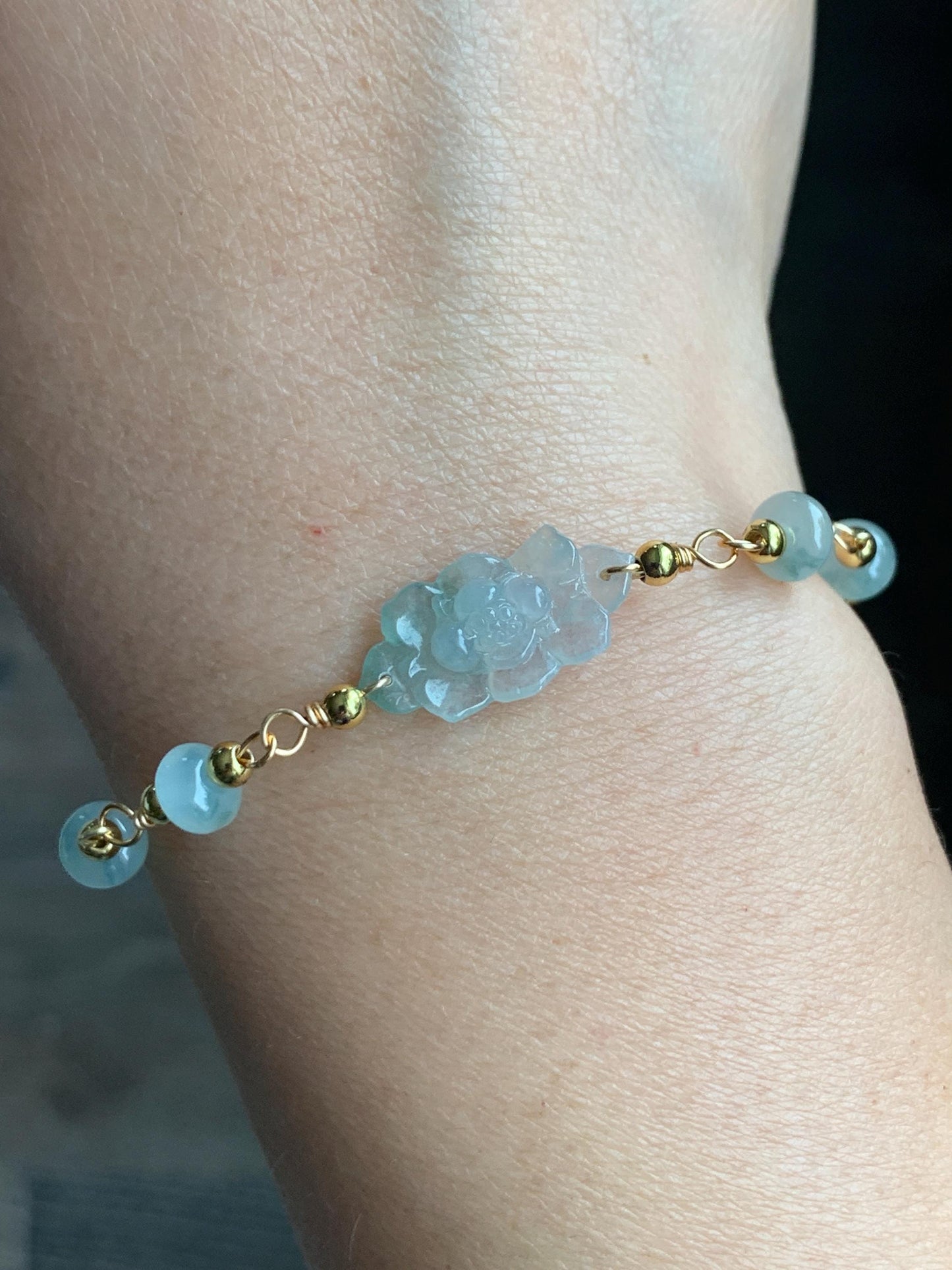 Natural Grade A Icy Translucent Green Marbled Jadeite Lotus Flower Chain Bracelet 14K Gold Filled Magnetic Clasp 6.5” 天然冰飘花翡翠莲花14K包金手链 BJH-C