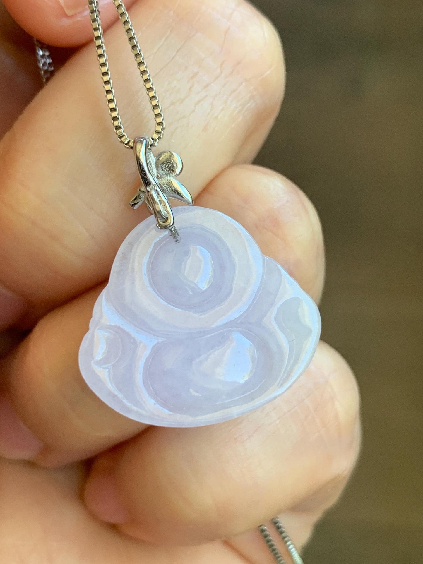 Natural Grade A Icy Translucent Light Purple Jadeite Buddha Pendant Guatemalan Green Jadeite Sterling Silver Bail 天然冰淡紫翡翠佛公吊坠危绿翡翠银扣头 BZC260