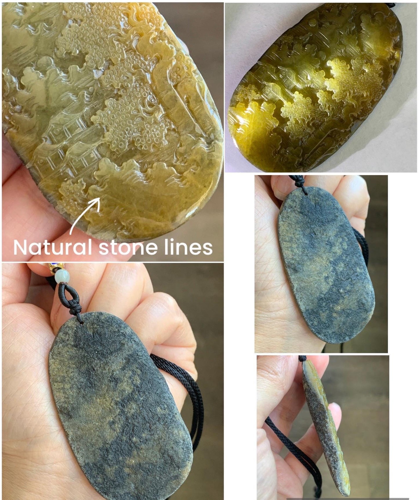 Certified Natural Grade A Icy Translucent Intense Dark Yellow Jadeite Shan Shui Large Pendant Rope Necklace 26” 43g 天然冰油黄原石皮翡翠山水牌吊坠 1515