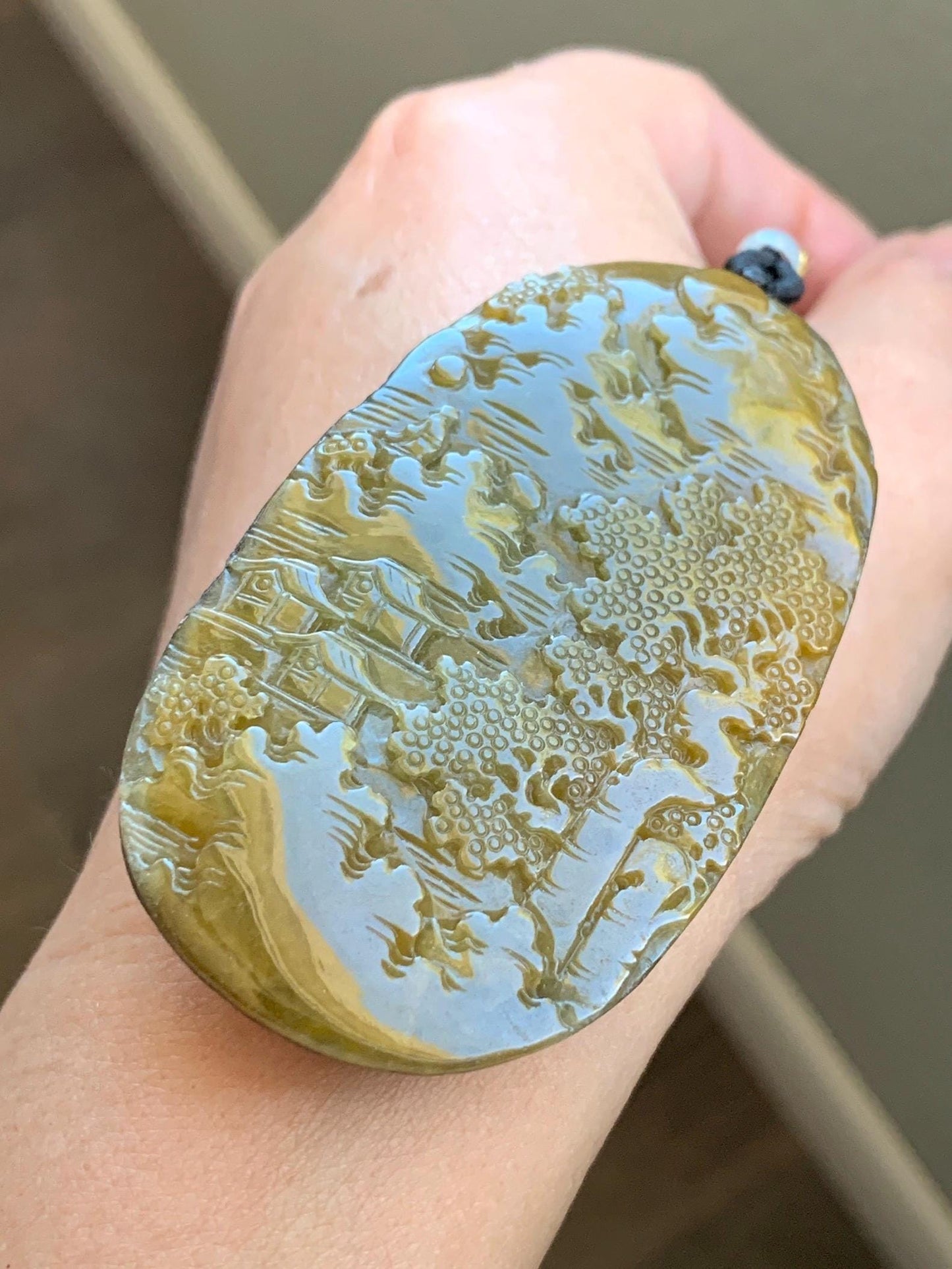 Certified Natural Grade A Icy Translucent Intense Dark Yellow Jadeite Shan Shui Large Pendant Rope Necklace 26” 43g 天然冰油黄原石皮翡翠山水牌吊坠 1515