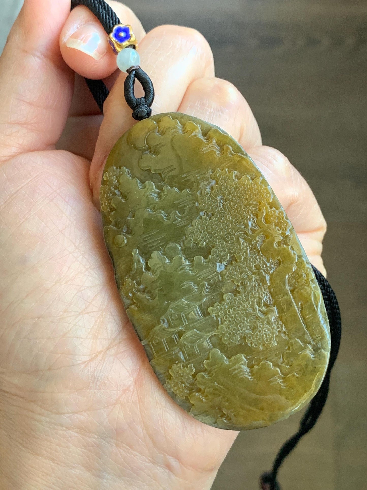 Certified Natural Grade A Icy Translucent Intense Dark Yellow Jadeite Shan Shui Large Pendant Rope Necklace 26” 43g 天然冰油黄原石皮翡翠山水牌吊坠 1515