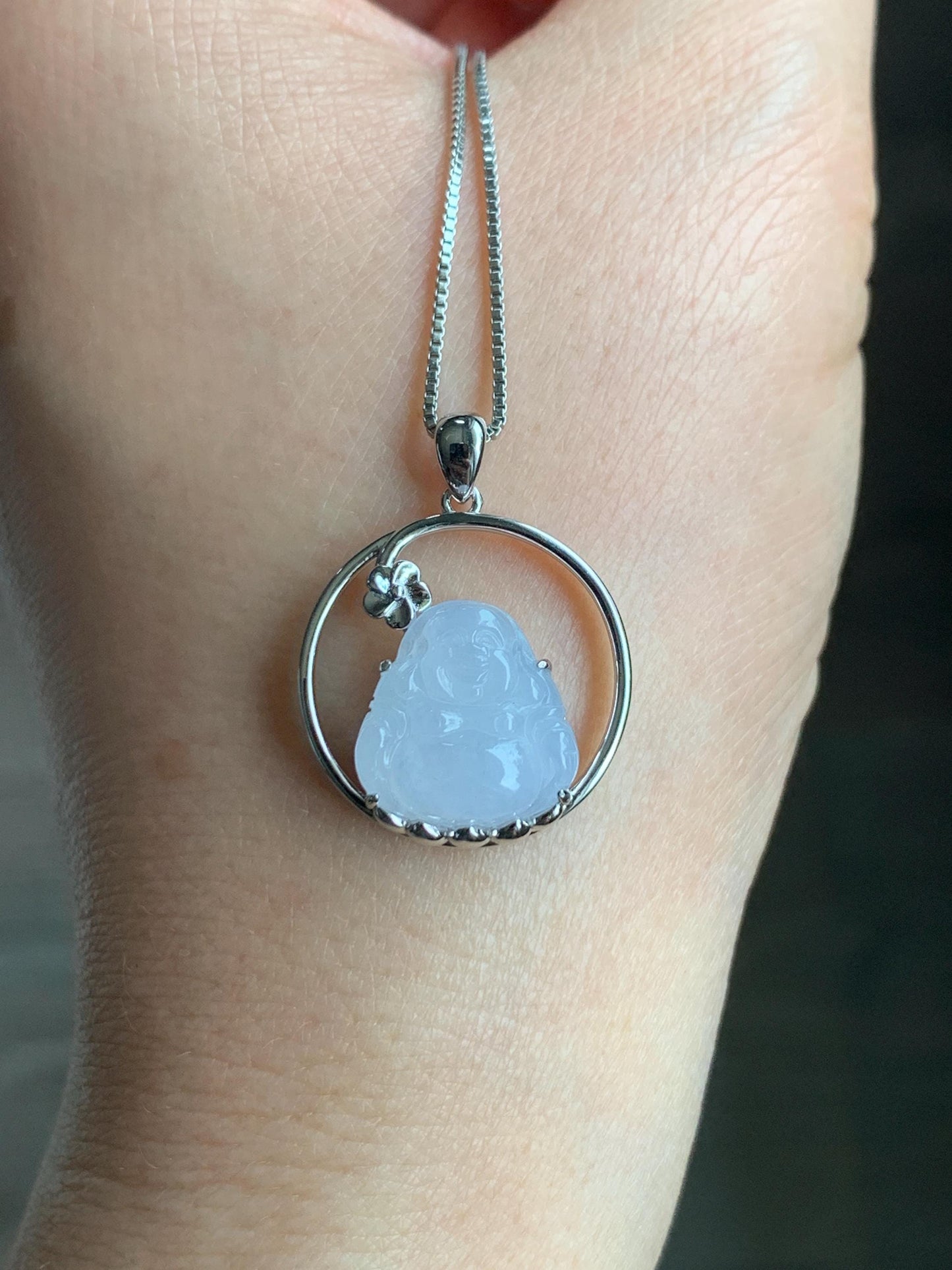 Certified Natural Grade A Icy Translucent Gelatinous White Jadeite Buddha Pendant Sterling Silver 3.63g 天然老种冰胶淡紫底翡翠佛公镶嵌吊坠 8772