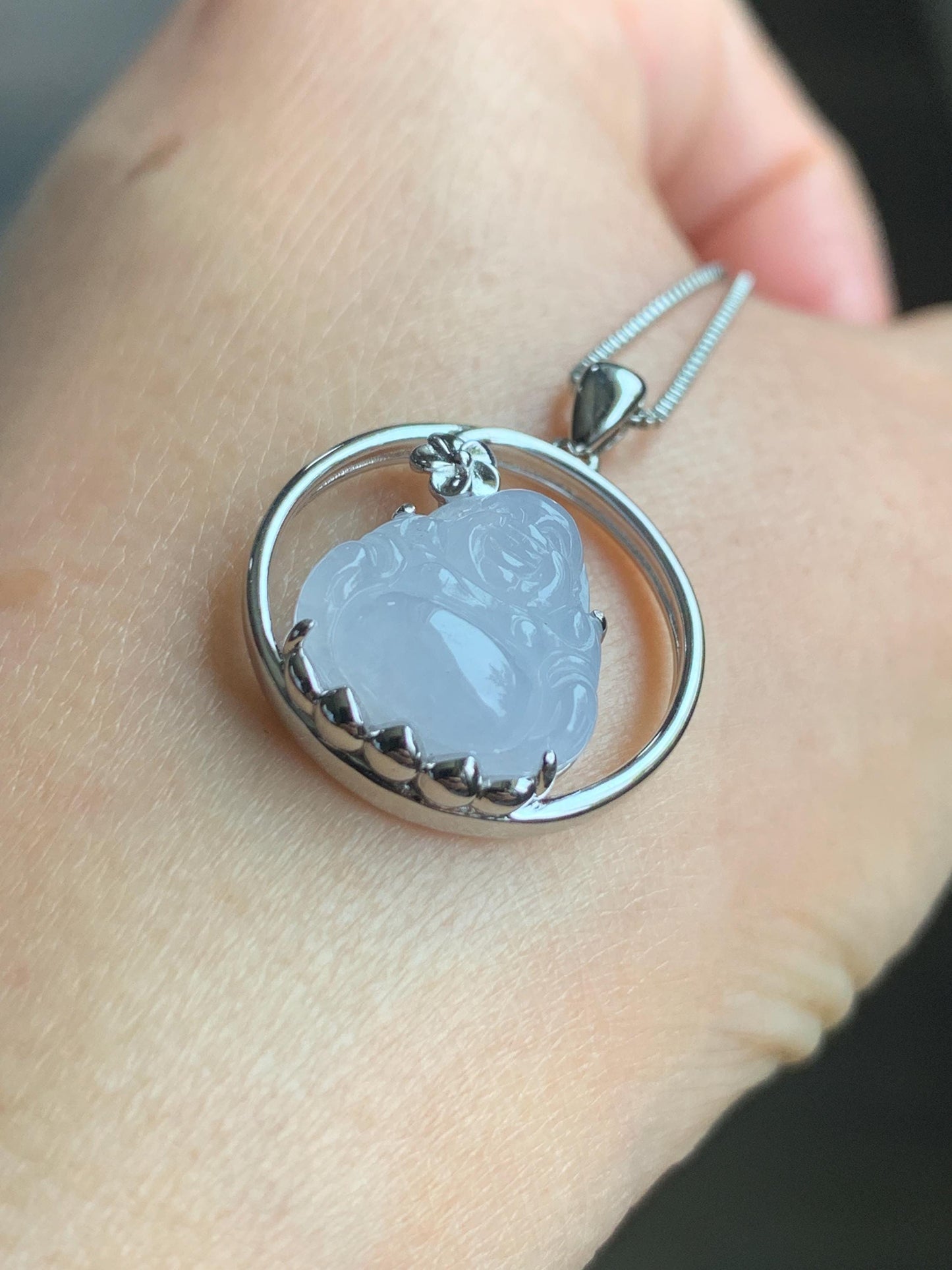 Certified Natural Grade A Icy Translucent Gelatinous White Jadeite Buddha Pendant Sterling Silver 3.63g 天然老种冰胶淡紫底翡翠佛公镶嵌吊坠 8772