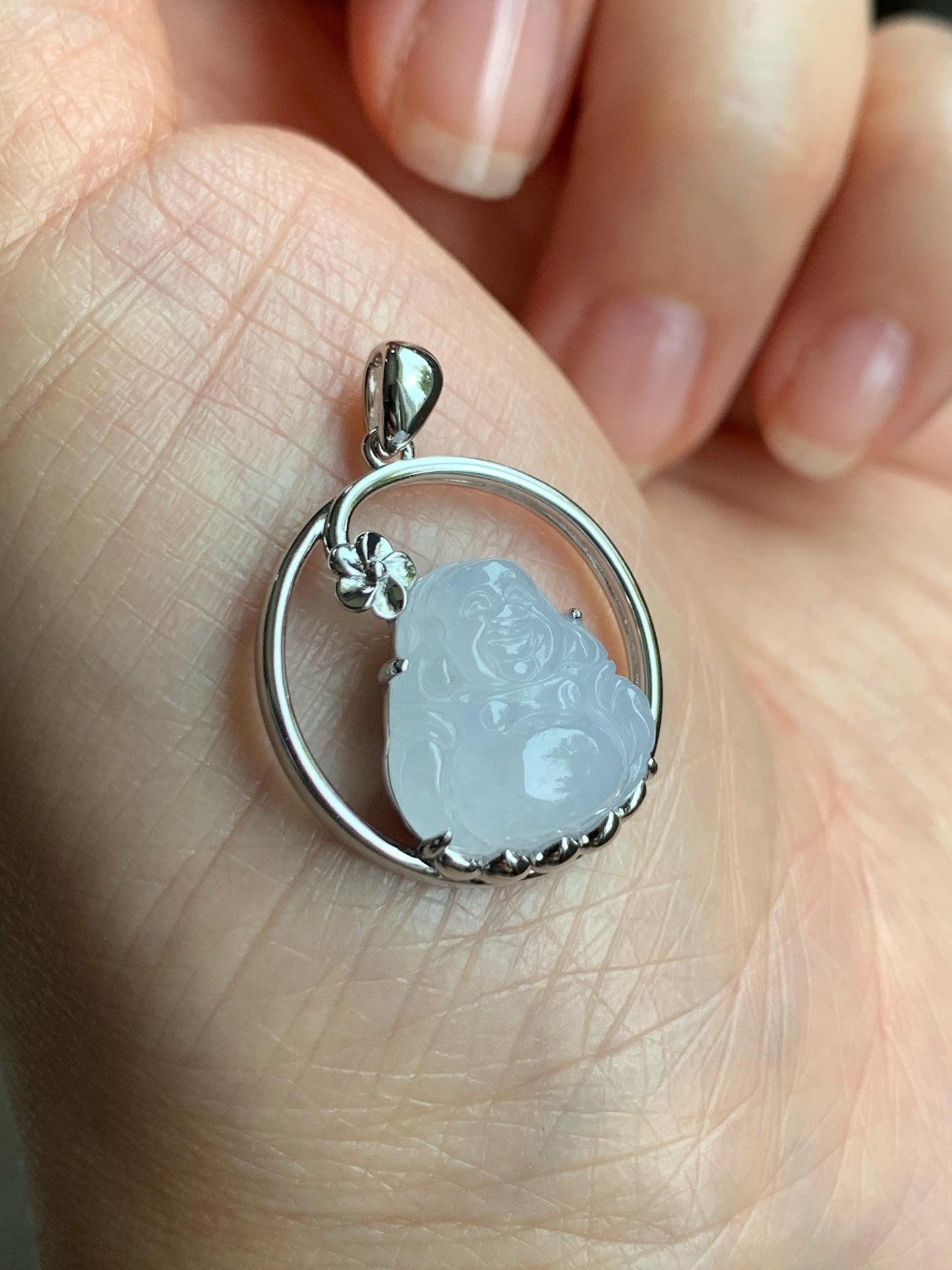 Certified Natural Grade A Icy Translucent Gelatinous White Jadeite Buddha Pendant Sterling Silver 3.63g 天然老种冰胶淡紫底翡翠佛公镶嵌吊坠 8772