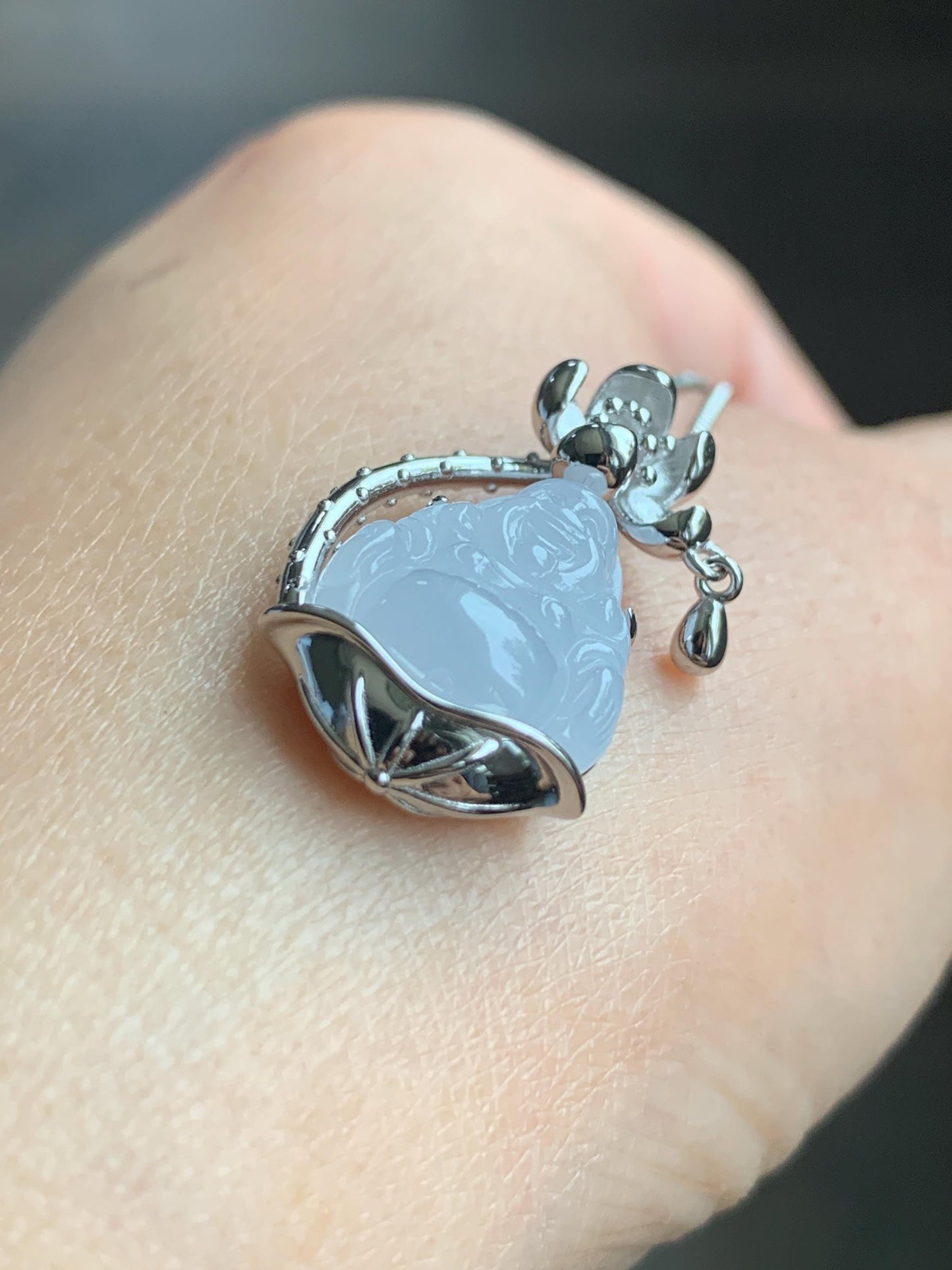 Certified Natural Grade A Icy Translucent Gelatinous White Jadeite Buddha Pendant Sterling Silver 4.93g 天然老种冰胶淡紫底翡翠佛公镶嵌吊坠 8774