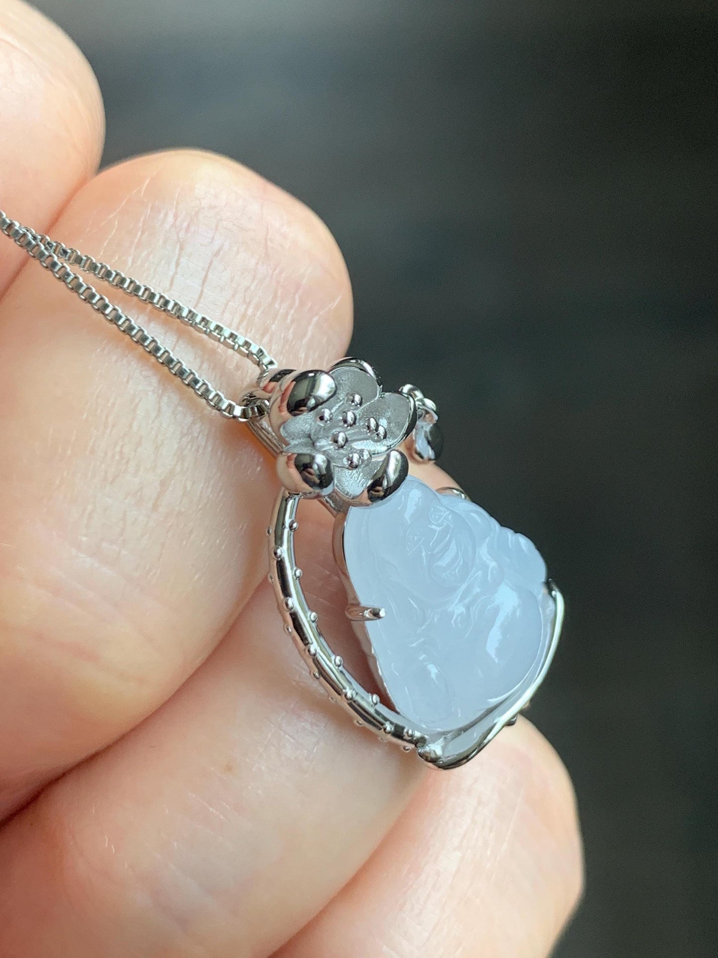 Certified Natural Grade A Icy Translucent Gelatinous White Jadeite Buddha Pendant Sterling Silver 4.93g 天然老种冰胶淡紫底翡翠佛公镶嵌吊坠 8774