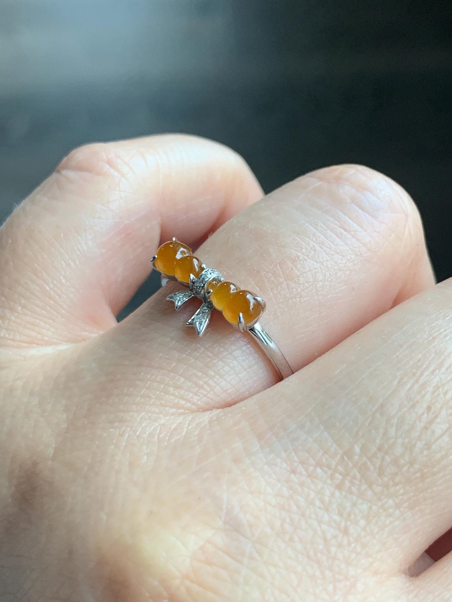 Certified Natural Grade A Icy Highly Translucent Vibrant Orange Yellow Jadeite Double Gourd Ring 14K White Gold Size 7.25 天然正冰红翡双葫芦镶嵌戒指 6676