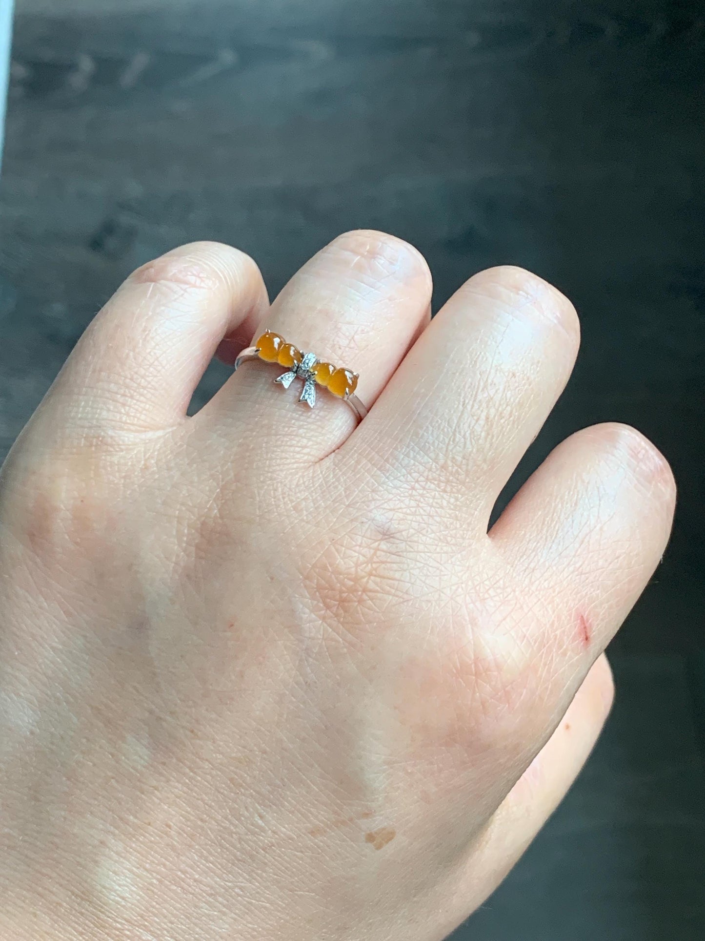 Certified Natural Grade A Icy Highly Translucent Vibrant Orange Yellow Jadeite Double Gourd Ring 14K White Gold Size 7.25 天然正冰红翡双葫芦镶嵌戒指 6676
