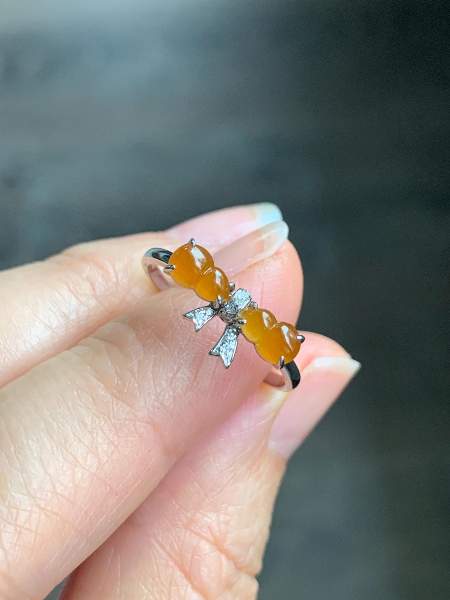 Certified Natural Grade A Icy Highly Translucent Vibrant Orange Yellow Jadeite Double Gourd Ring 14K White Gold Size 7.25 天然正冰红翡双葫芦镶嵌戒指 6676