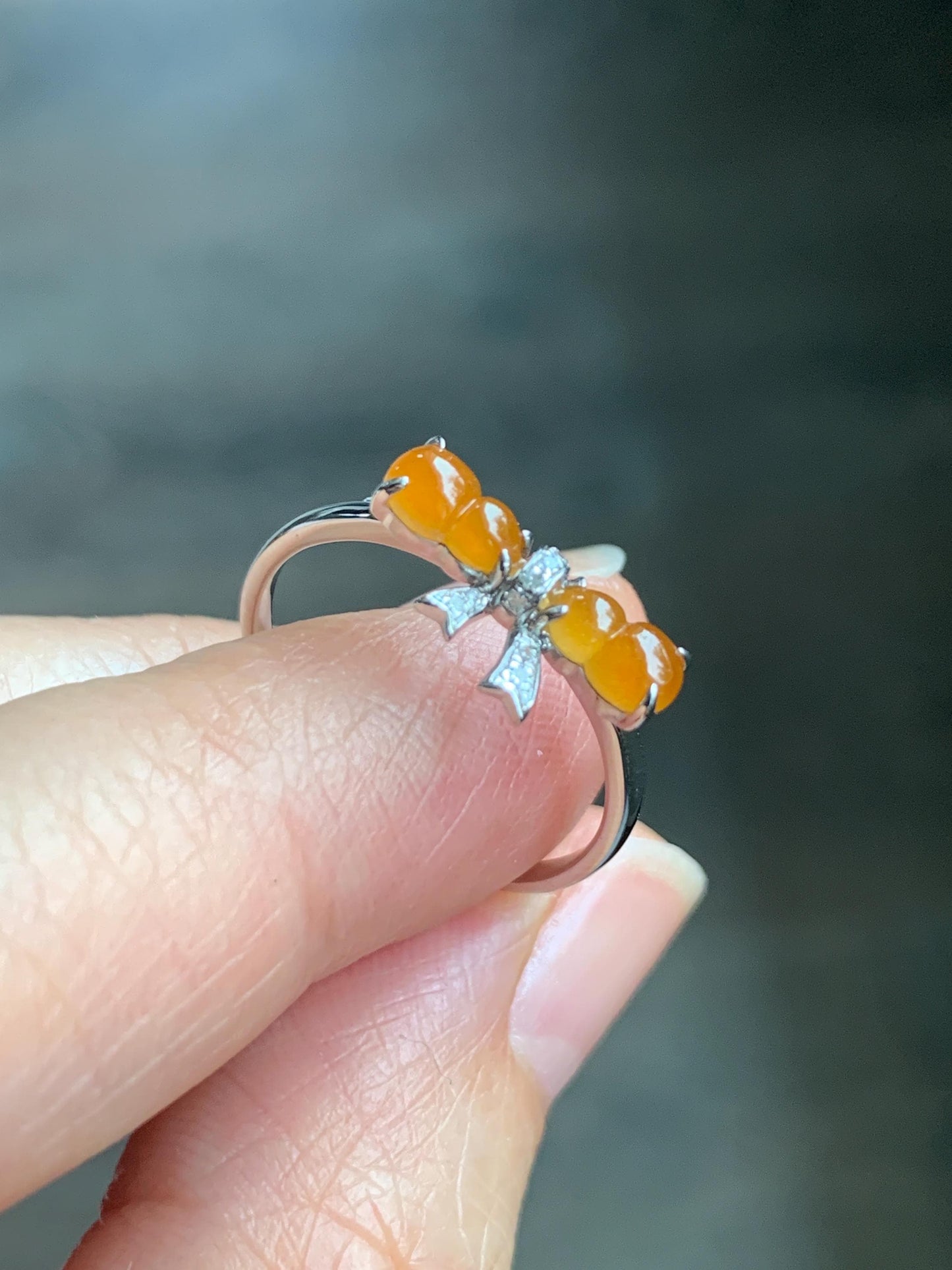 Certified Natural Grade A Icy Highly Translucent Vibrant Orange Yellow Jadeite Double Gourd Ring 14K White Gold Size 7.25 天然正冰红翡双葫芦镶嵌戒指 6676