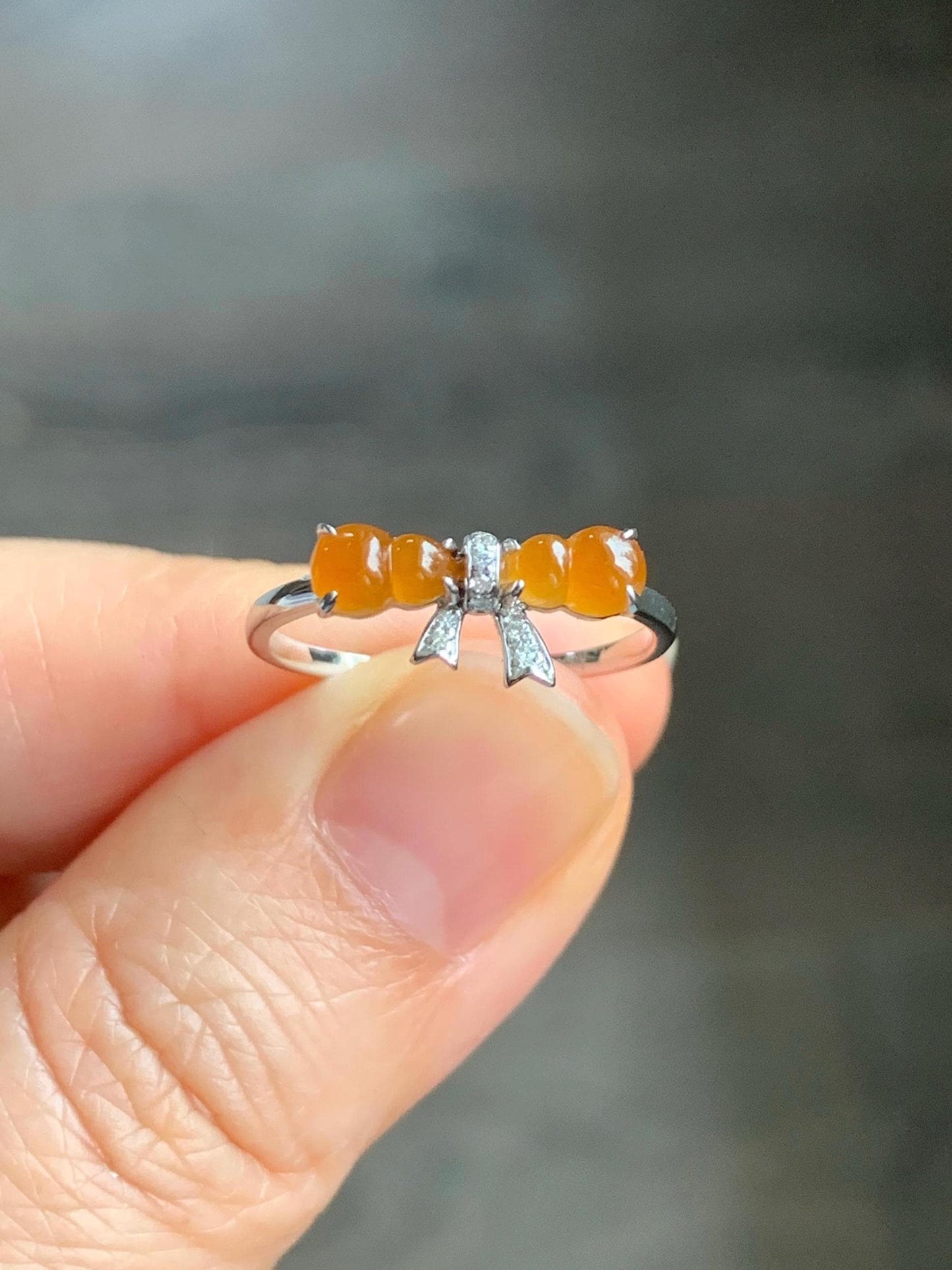 Certified Natural Grade A Icy Highly Translucent Vibrant Orange Yellow Jadeite Double Gourd Ring 14K White Gold Size 7.25 天然正冰红翡双葫芦镶嵌戒指 6676