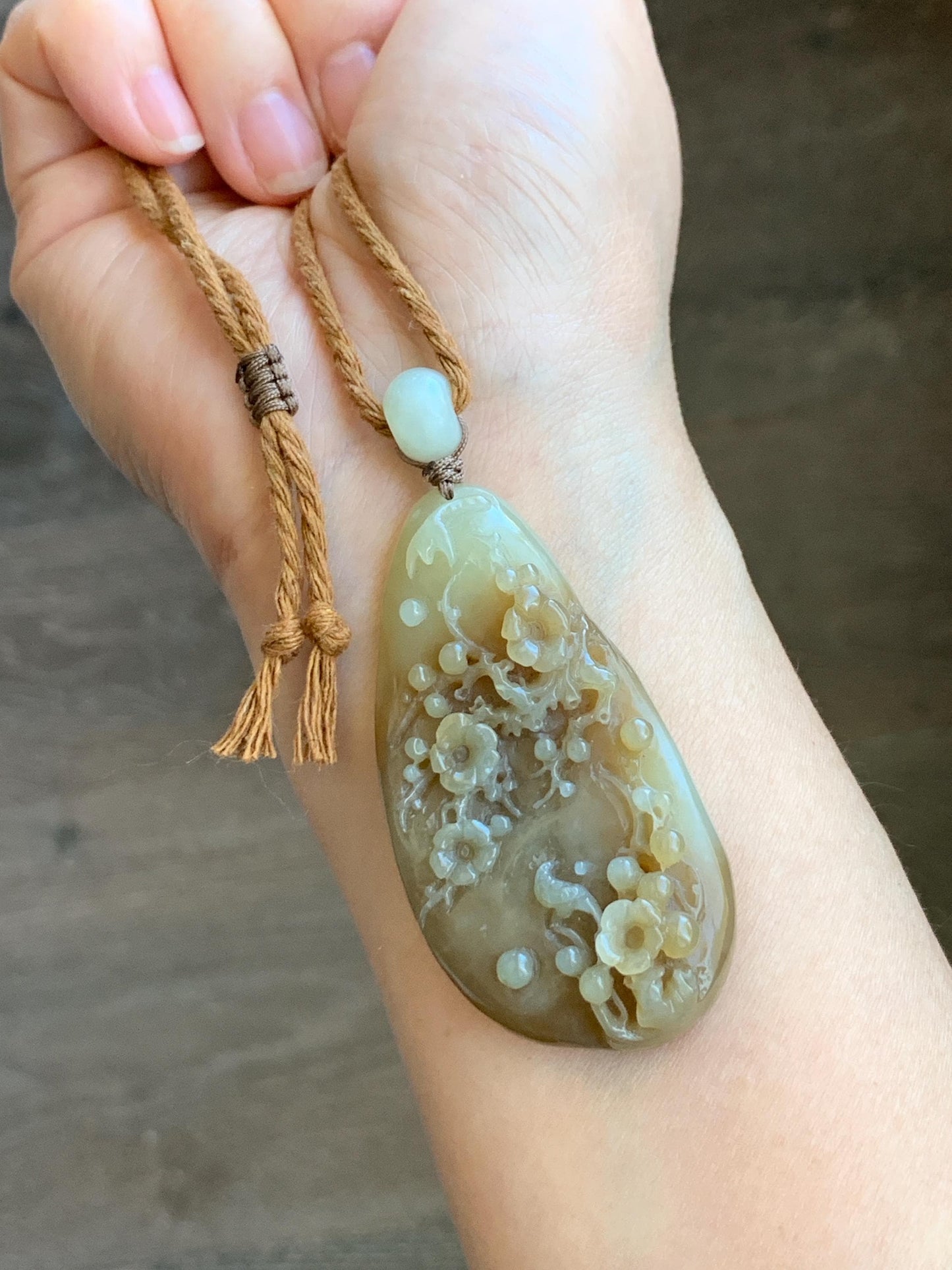Natural Translucent Caramel Brown Nephrite Jade Carved Cherry Blossom Branch Pendant Rope Necklace Adjustable 28” 33g 天然和田玉焦糖玉梅花枝吊坠项链 HTY-MH