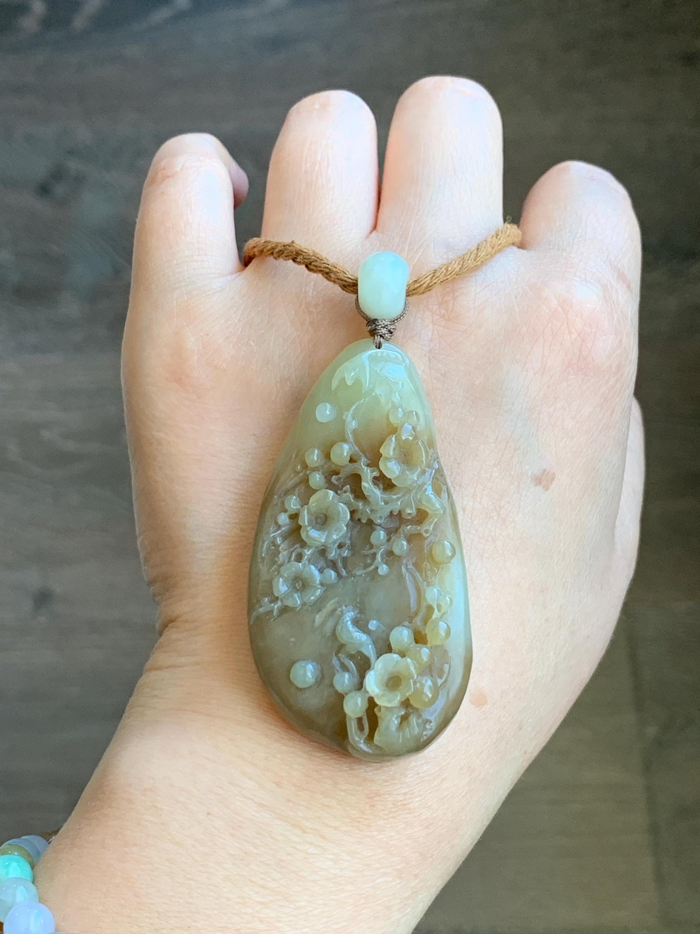 Natural Translucent Caramel Brown Nephrite Jade Carved Cherry Blossom Branch Pendant Rope Necklace Adjustable 28” 33g 天然和田玉焦糖玉梅花枝吊坠项链 HTY-MH