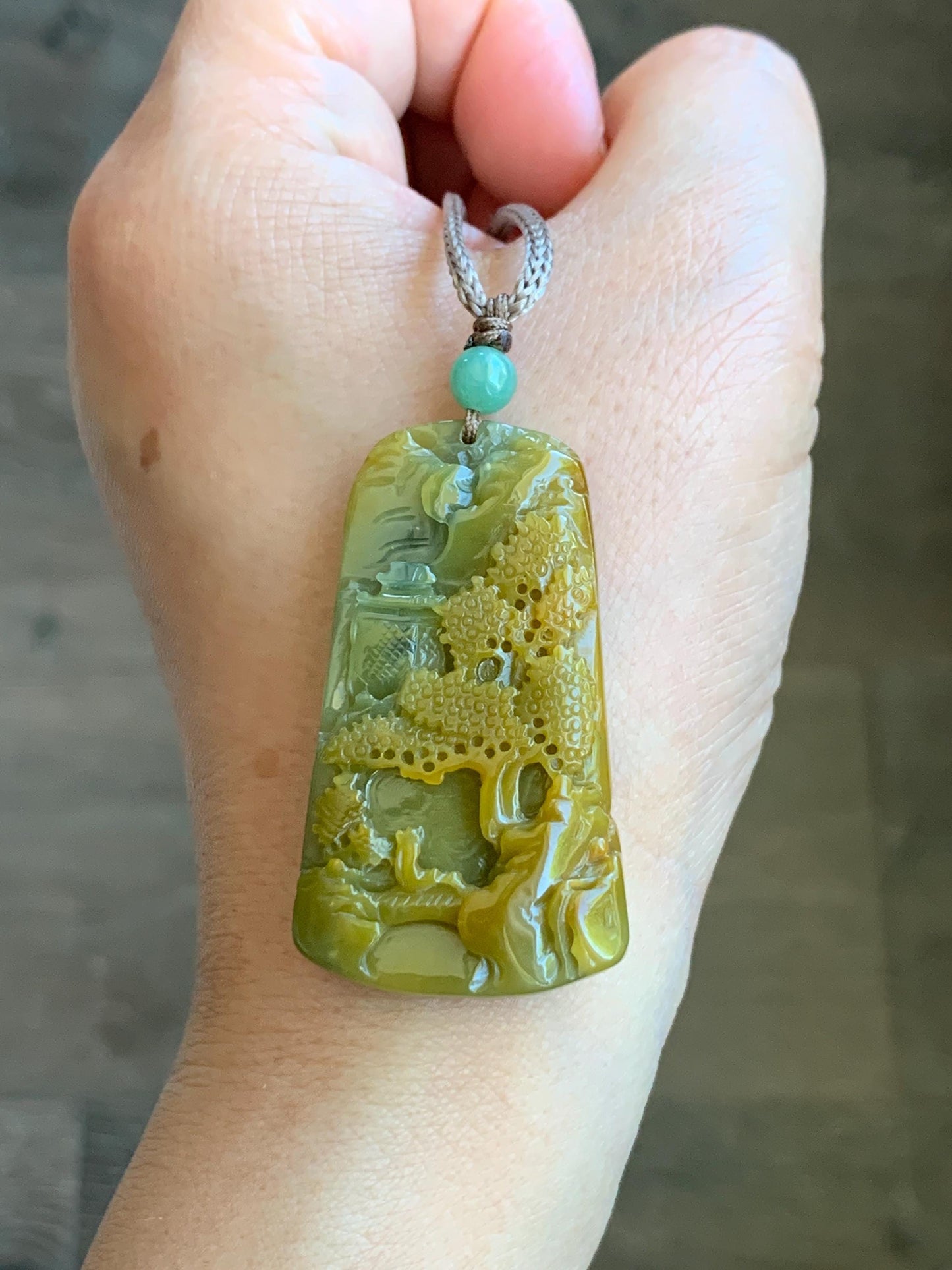 Natural Grade A Guatemalan Icy Translucent Intense Yellow Jadeite Shan Shui Landscape Pendant Rope Necklace 25” 16g 天然冰危黄翡翠山水牌吊坠 WHSS