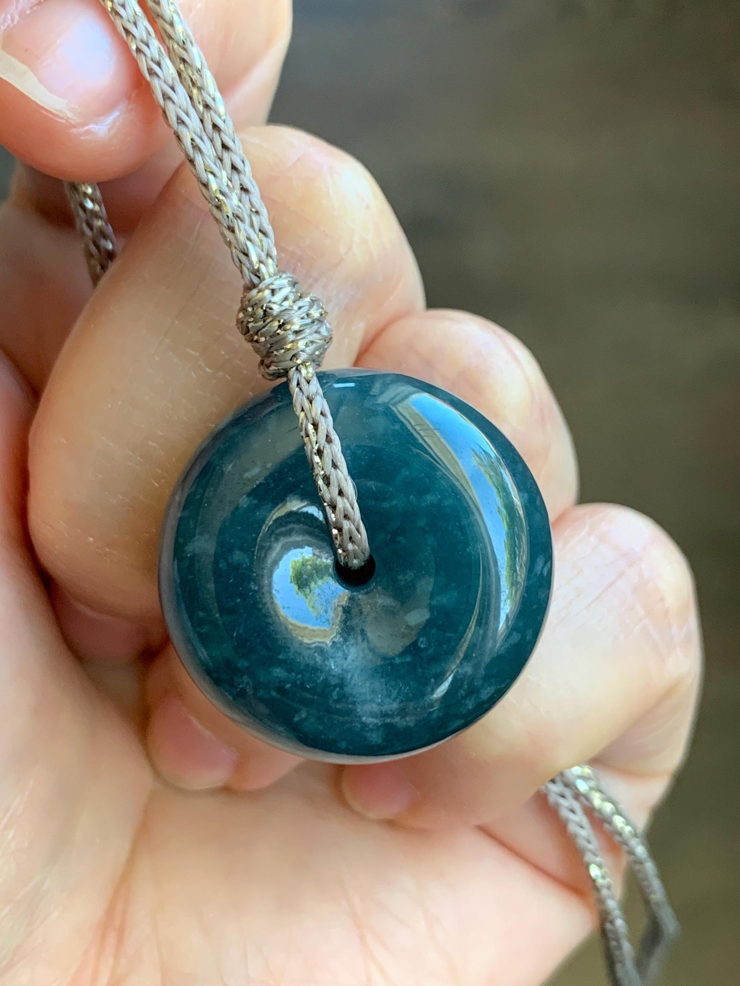 Natural Guatemalan Icy Translucent Dark Teal Blue Jadeite Thick Ping An Kou Donut Pendant Rope Necklace Adjustable 25" 天然冰危深蓝翡翠平安肥扣吊坠 DFP-1
