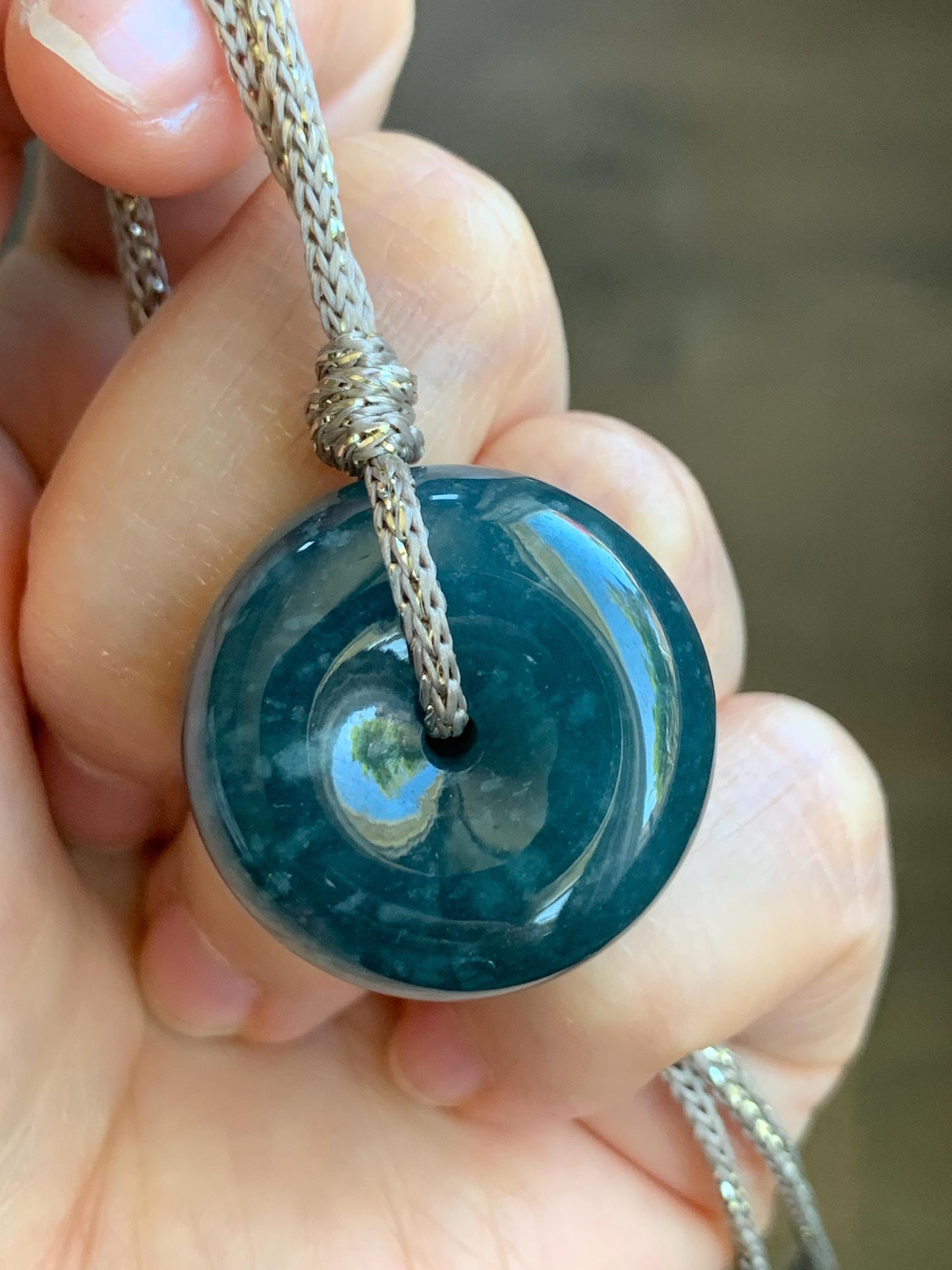 Natural Guatemalan Icy Translucent Dark Teal Blue Jadeite Thick Ping An Kou Donut Pendant Rope Necklace Adjustable 25" 天然冰危深蓝翡翠平安肥扣吊坠 DFP-1