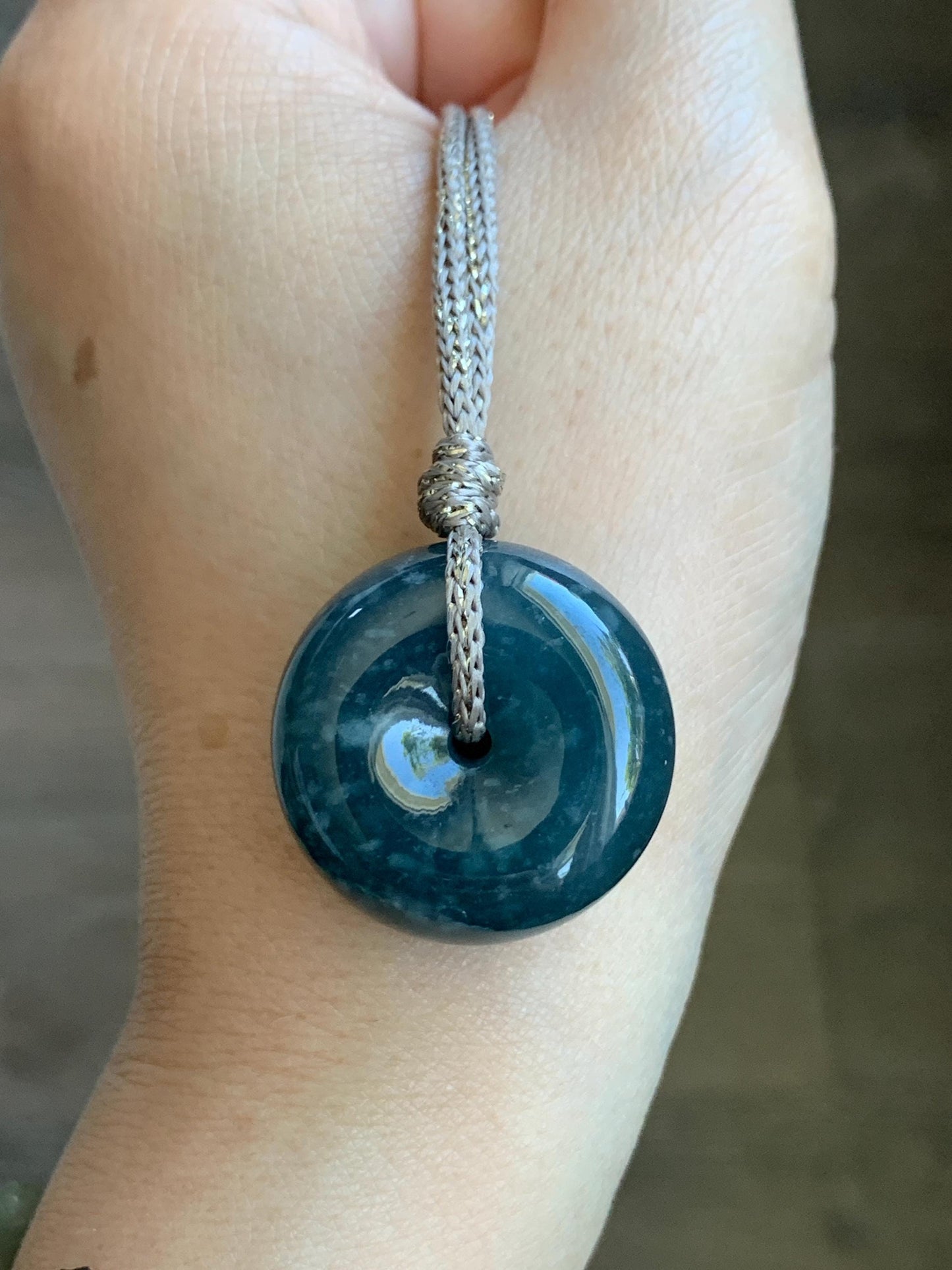Natural Guatemalan Icy Translucent Dark Teal Blue Jadeite Thick Ping An Kou Donut Pendant Rope Necklace Adjustable 25" 天然冰危深蓝翡翠平安肥扣吊坠 DFP-1