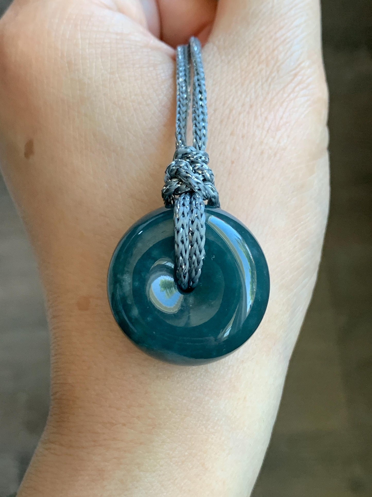 Natural Guatemalan Icy Translucent Dark Teal Blue Jadeite Thick Ping An Kou Donut Pendant Rope Necklace Adjustable 24" 天然冰危深蓝翡翠平安肥扣吊坠 DFP-2