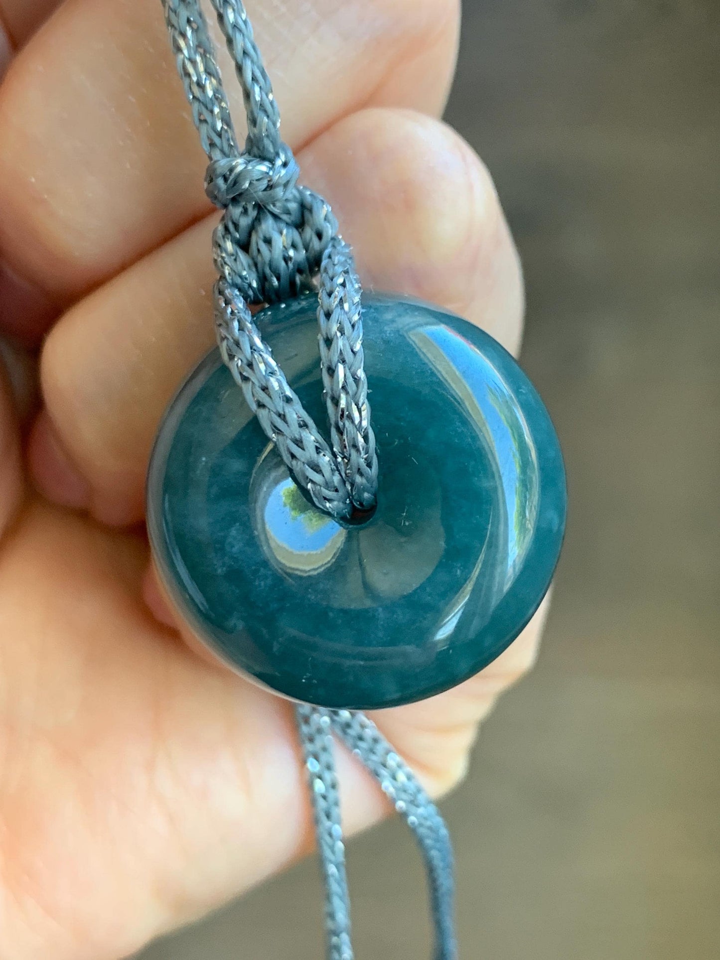 Natural Guatemalan Icy Translucent Dark Teal Blue Jadeite Thick Ping An Kou Donut Pendant Rope Necklace Adjustable 24" 天然冰危深蓝翡翠平安肥扣吊坠 DFP-2
