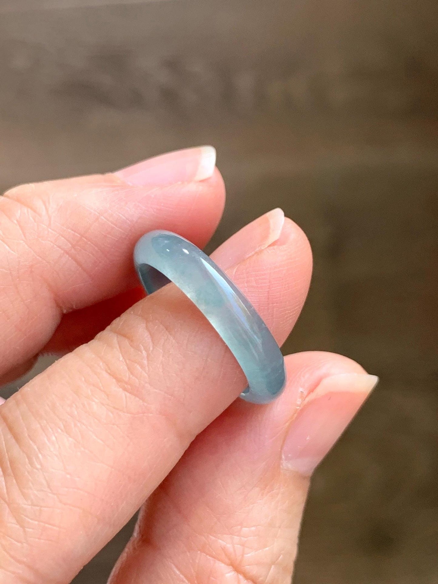Natural Grade A Guatemalan Icy Highly Translucent Gelatinous Light Teal Blue Jade Jadeite Band Ring Size 6.5 US 天然冰危浅蓝起光翡翠戒圈 WLK44-A