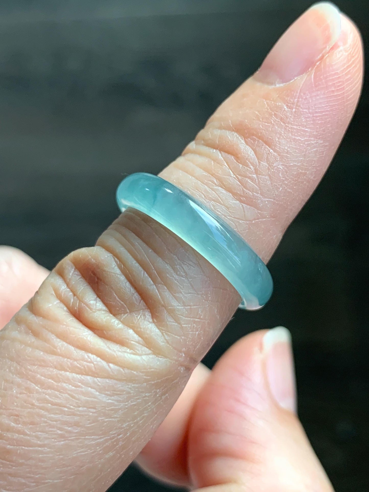 Natural Grade A Guatemalan Icy Highly Translucent Gelatinous Light Teal Blue Jade Jadeite Band Ring Size 6.5 US 天然冰危浅蓝起光翡翠戒圈 WLK44-B