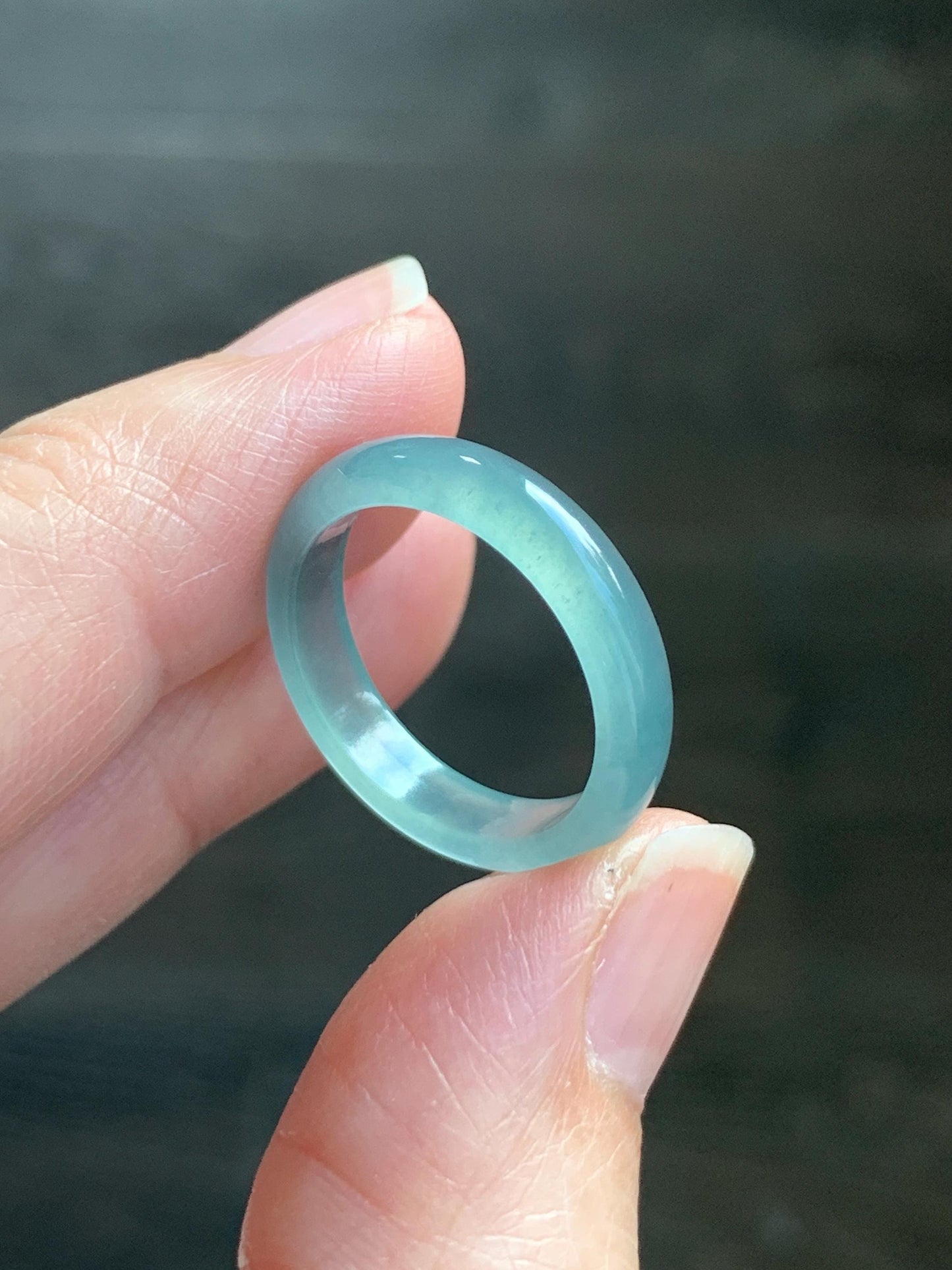 Natural Grade A Guatemalan Icy Highly Translucent Gelatinous Light Teal Blue Jade Jadeite Band Ring Size 6.5 US 天然冰危浅蓝起光翡翠戒圈 WLK44-B