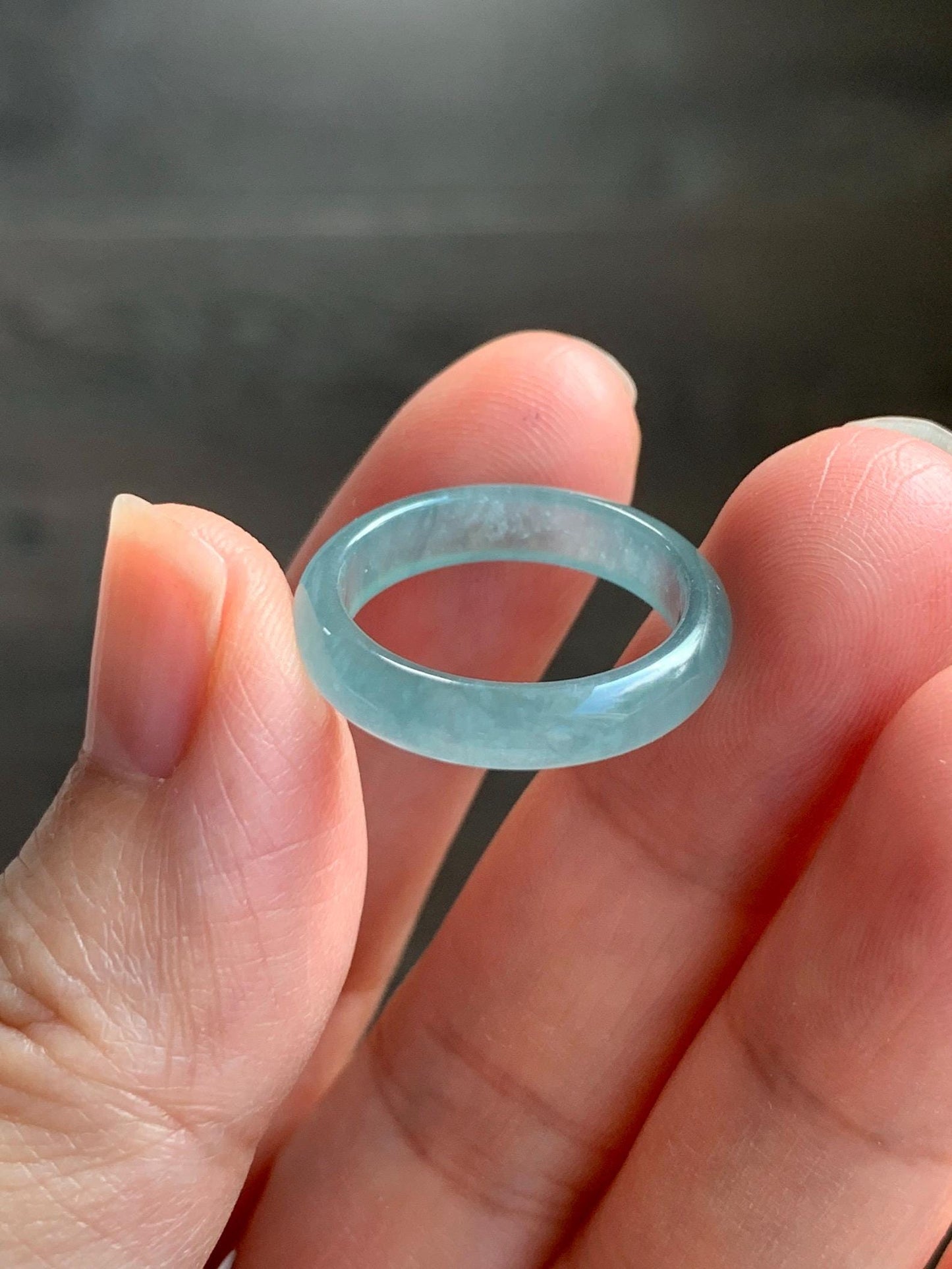 Natural Grade A Guatemalan Icy Highly Translucent Gelatinous Light Teal Blue Jade Jadeite Band Ring Size 6.5 US 天然冰危浅蓝起光翡翠戒圈 WLK44-B