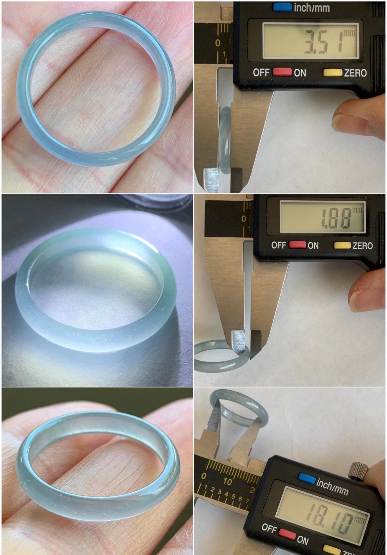 Natural Grade A Guatemalan Icy Highly Translucent Gelatinous Pastel Teal Blue Jade Jadeite Band Ring Size 7.75 US 天然冰危淡蓝起光翡翠戒圈 WZC44-B