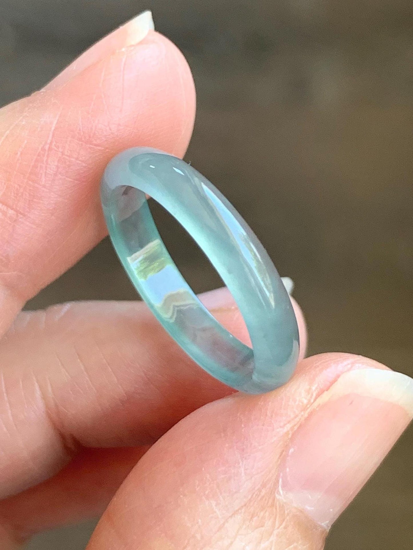Natural Grade A Guatemalan Icy Highly Translucent Gelatinous Pastel Teal Blue Jade Jadeite Band Ring Size 7.75 US 天然冰危淡蓝起光翡翠戒圈 WZC44-C