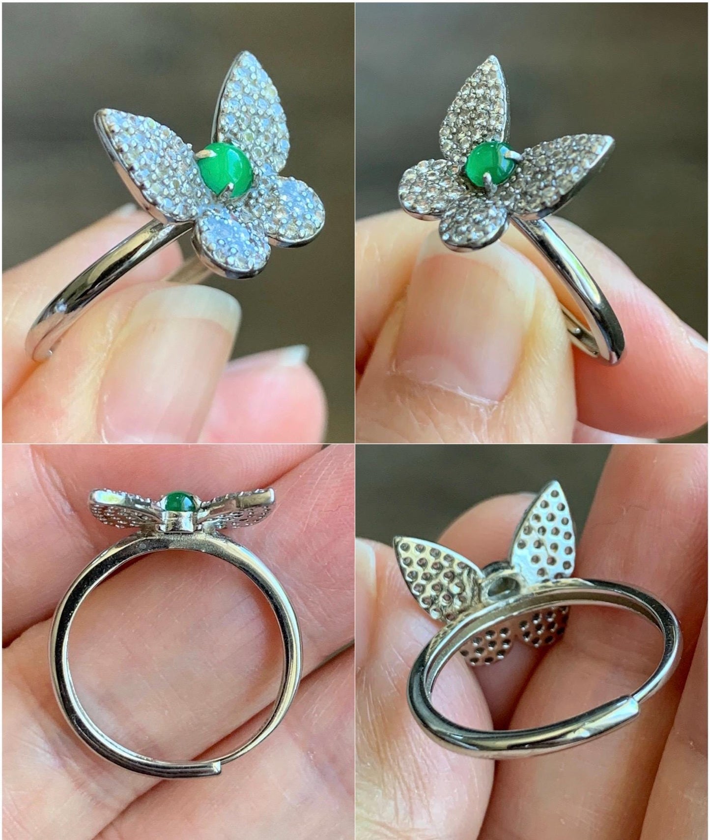 Natural Grade A Guatemalan Icy Translucent Vibrant Green Jadeite Butterfly Design Ring Sterling Silver Ring Adjustable 天然冰危绿翡翠蝴蝶银镶戒指 WLHD68