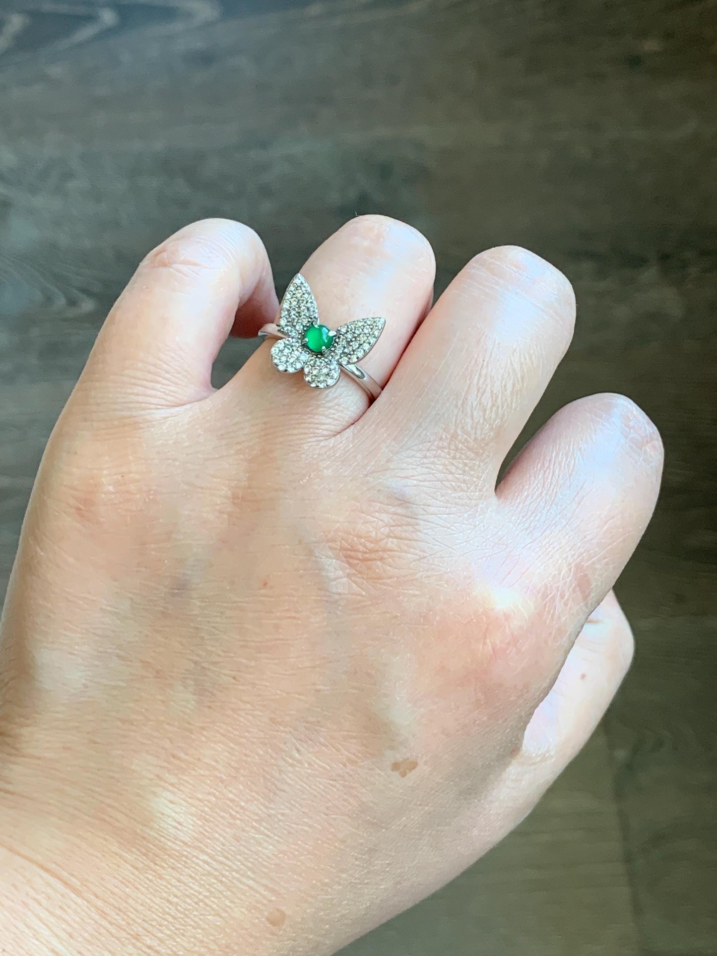 Natural Grade A Guatemalan Icy Translucent Vibrant Green Jadeite Butterfly Design Ring Sterling Silver Ring Adjustable 天然冰危绿翡翠蝴蝶银镶戒指 WLHD68