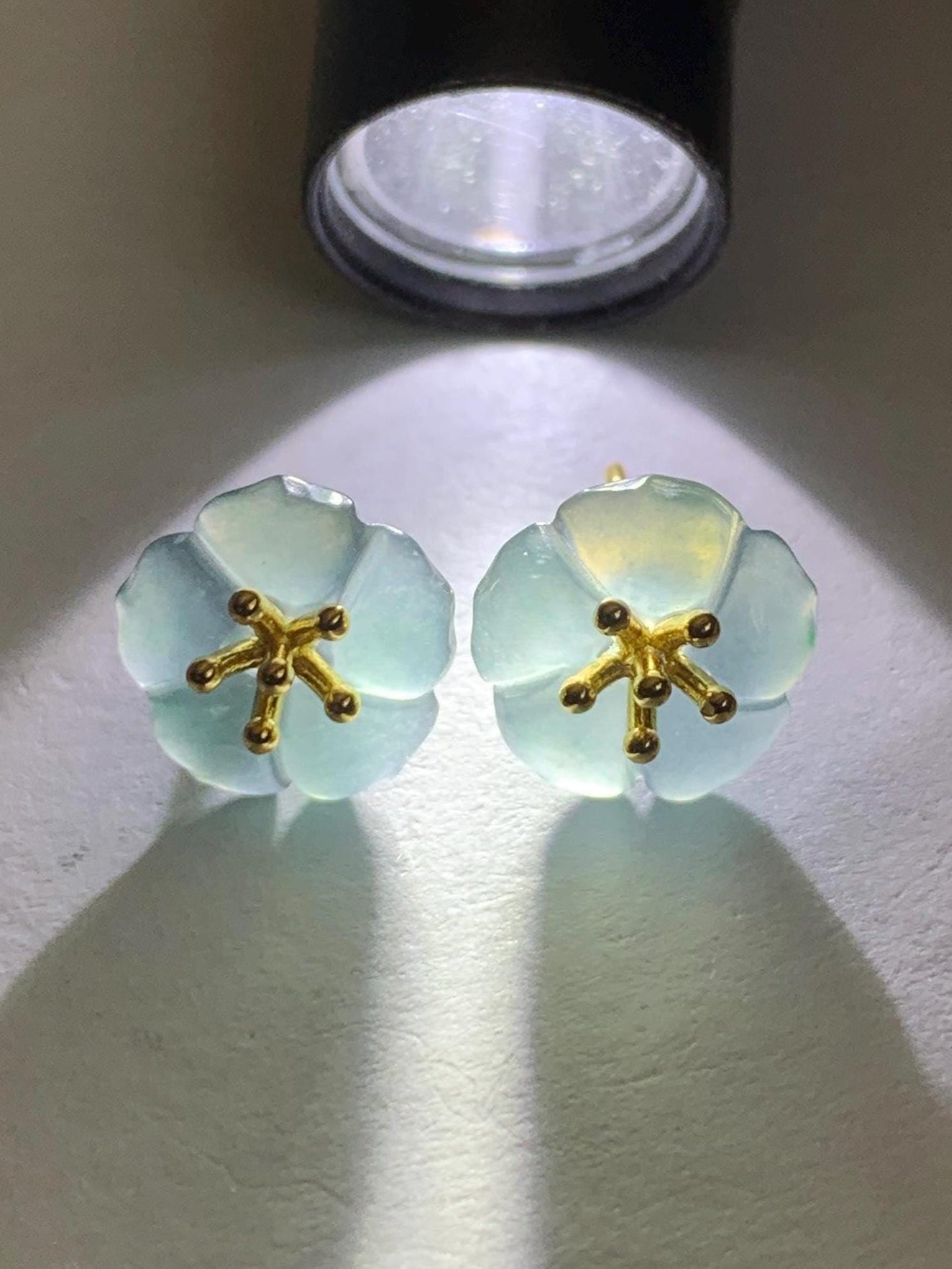 Natural Guatemalan Icy Highly Translucent Gelatinous Deep Indigo Blue Jadeite Cherry Blossom Stud Earring Sterling Silver 天然高冰危蓝翡翠梅花银镶耳钉