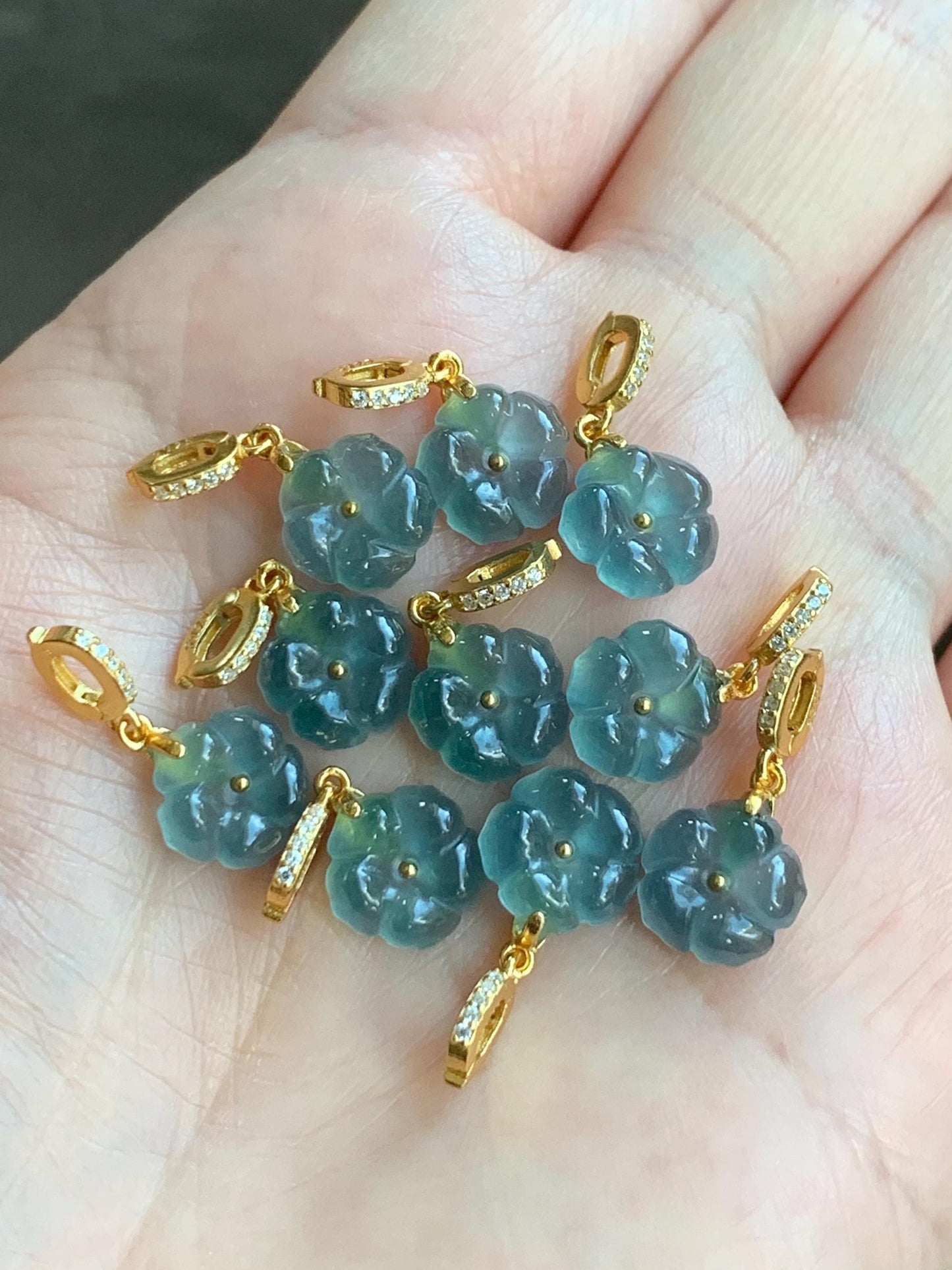 Natural Grade A Guatemalan Icy Highly Translucent Teal Blue Jadeite Cherry Blossom Petite Charm Pendant Sterling Silver 天然冰胶起光危蓝翡翠梅花镶嵌吊坠 MHK