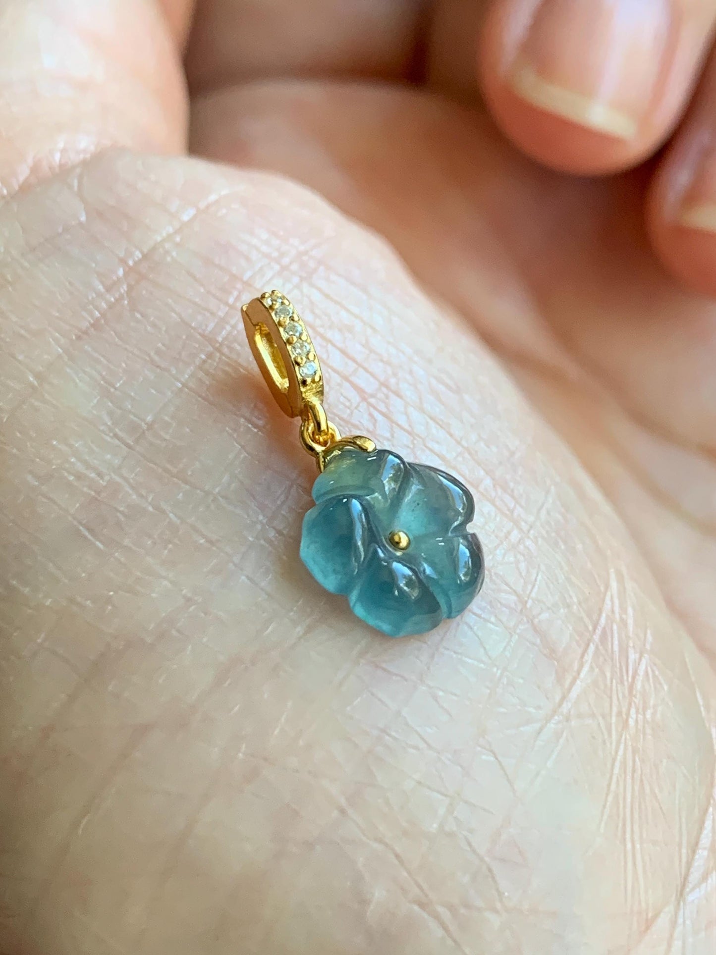 Natural Grade A Guatemalan Icy Highly Translucent Teal Blue Jadeite Cherry Blossom Petite Charm Pendant Sterling Silver 天然冰胶起光危蓝翡翠梅花镶嵌吊坠 MHK