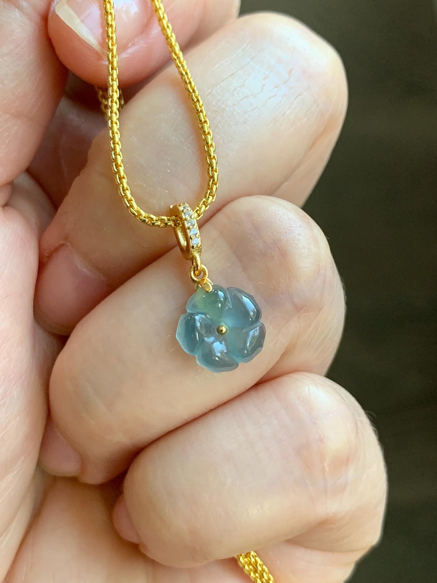 Natural Grade A Guatemalan Icy Highly Translucent Teal Blue Jadeite Cherry Blossom Petite Charm Pendant Sterling Silver 天然冰胶起光危蓝翡翠梅花镶嵌吊坠 MHK