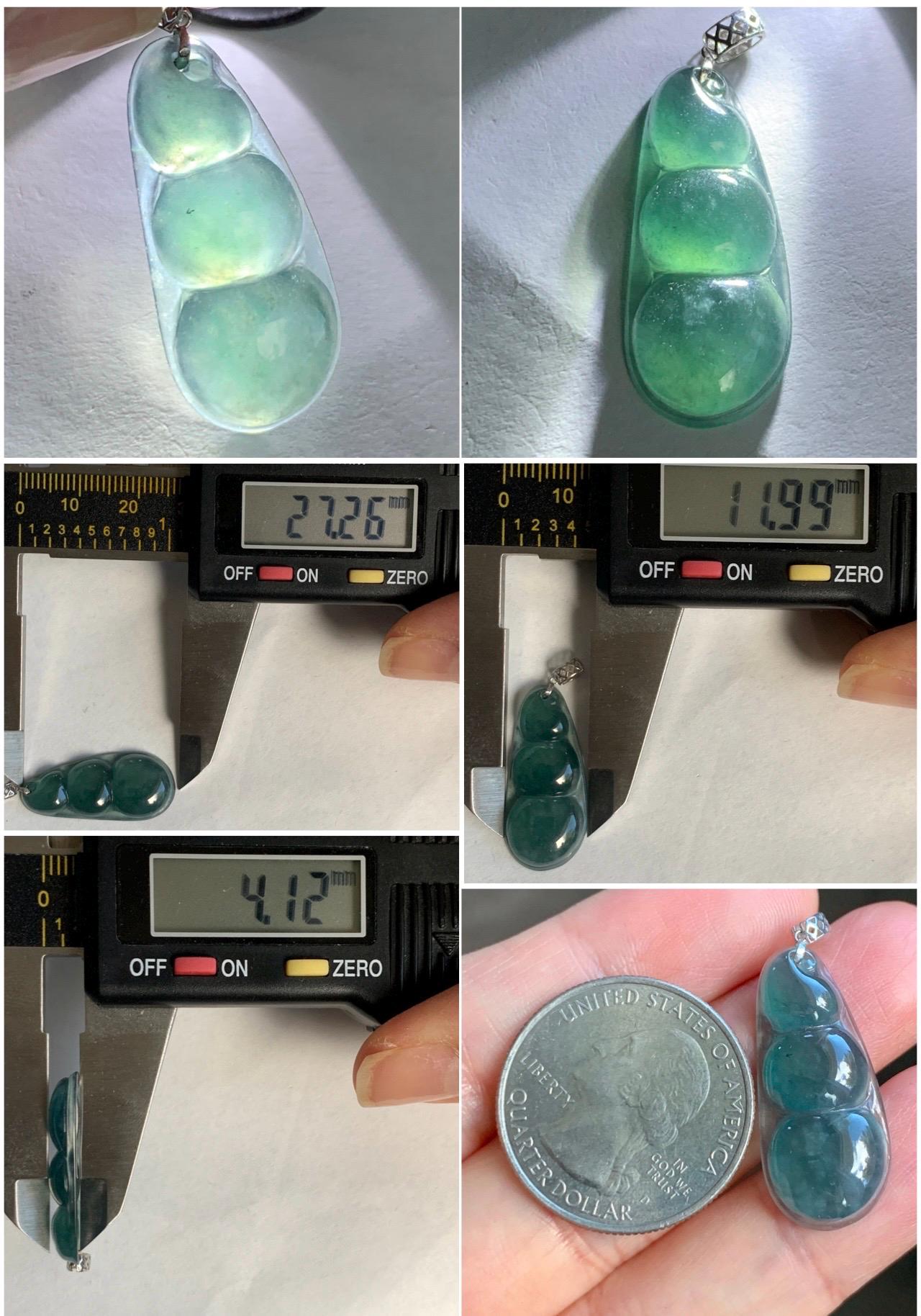 Natural Grade A Guatemalan Icy Translucent Dark Teal Blue Jadeite Carved Peapod Pendant 18K White Gold 天然冰危深蓝绿翡翠福豆镶嵌吊坠 WLD220-D