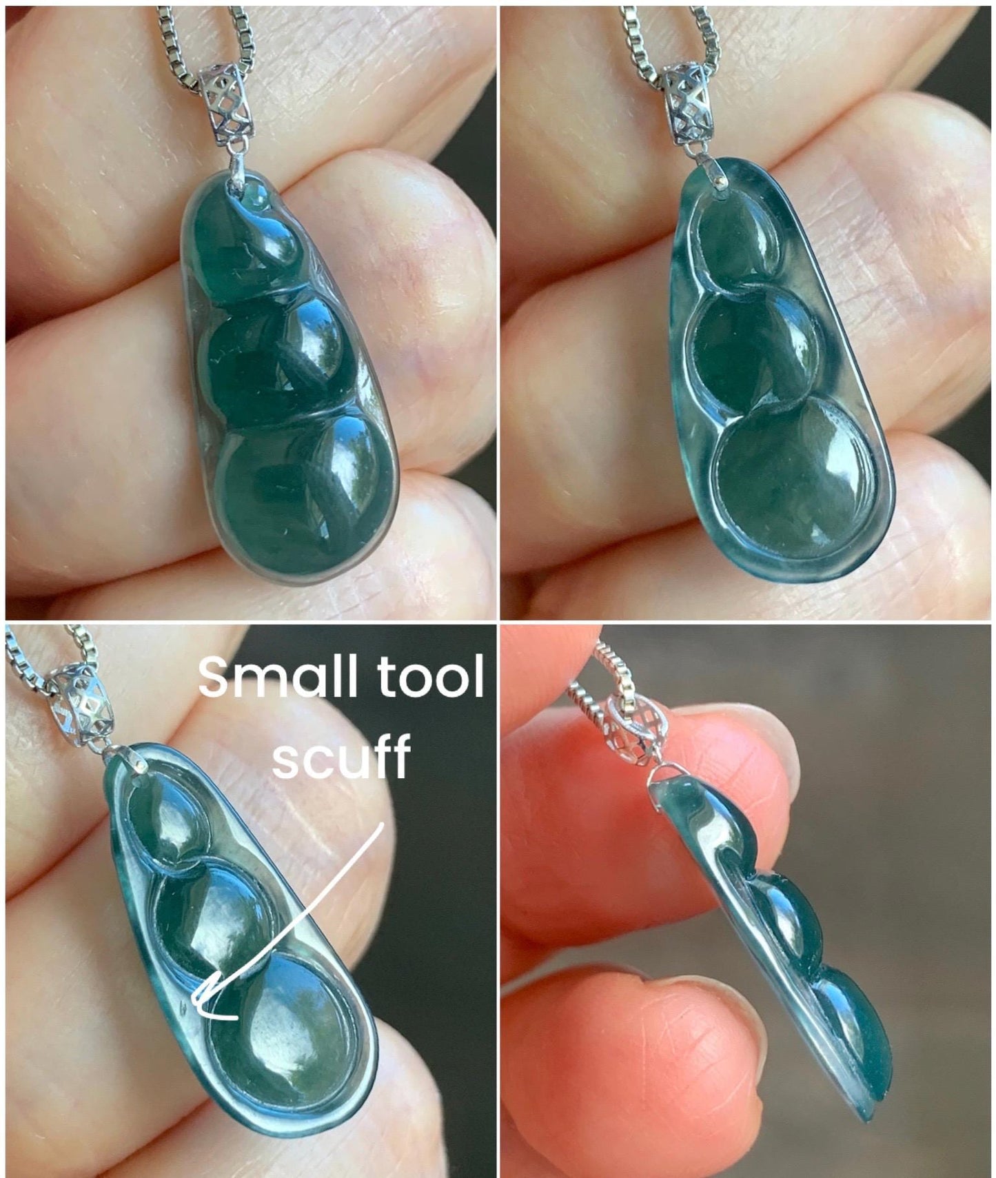 Natural Grade A Guatemalan Icy Translucent Dark Teal Blue Jadeite Carved Peapod Pendant 18K White Gold 天然冰危深蓝绿翡翠福豆镶嵌吊坠 WLD220-C