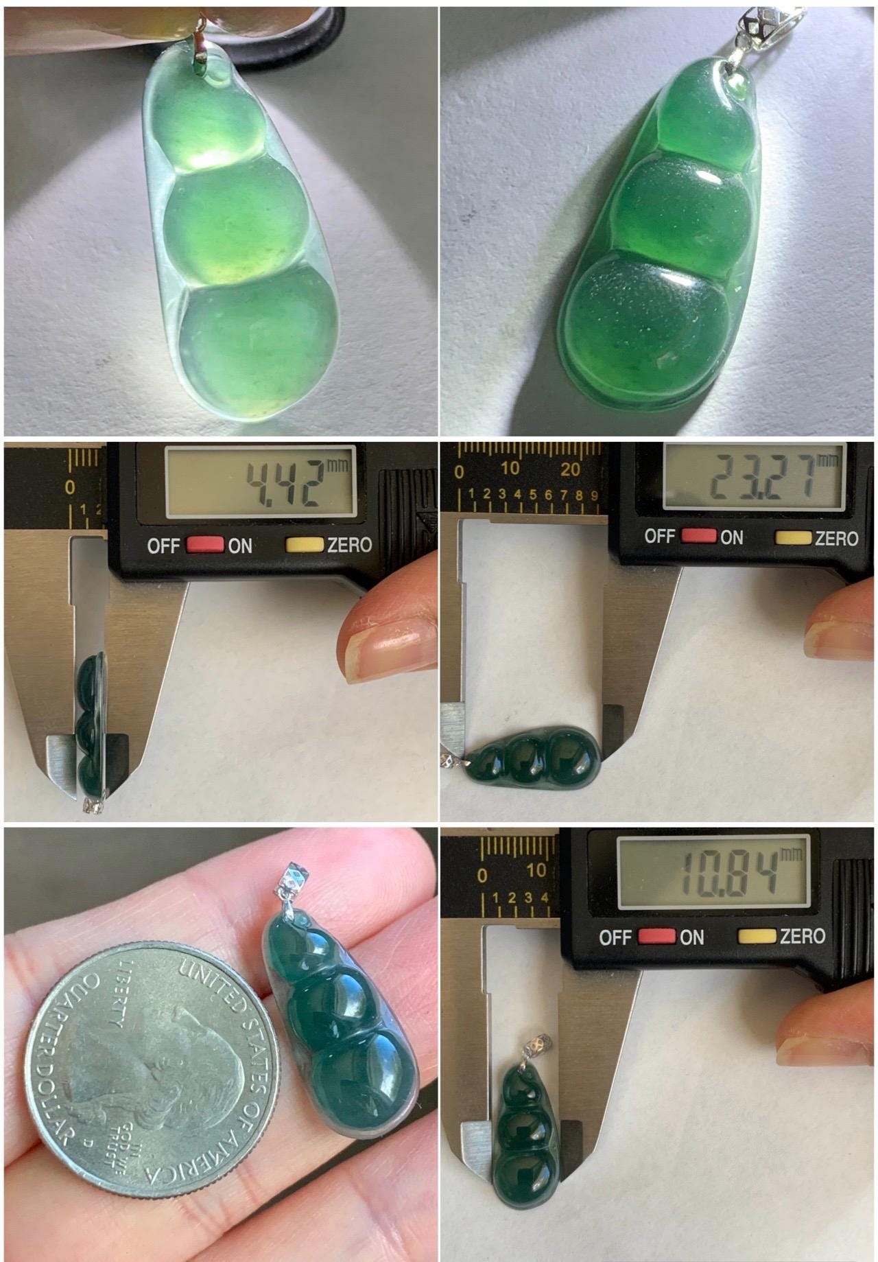 Natural Grade A Guatemalan Icy Translucent Dark Teal Blue Jadeite Carved Peapod Pendant 18K White Gold 天然冰危深蓝绿翡翠福豆镶嵌吊坠 WLD220-C