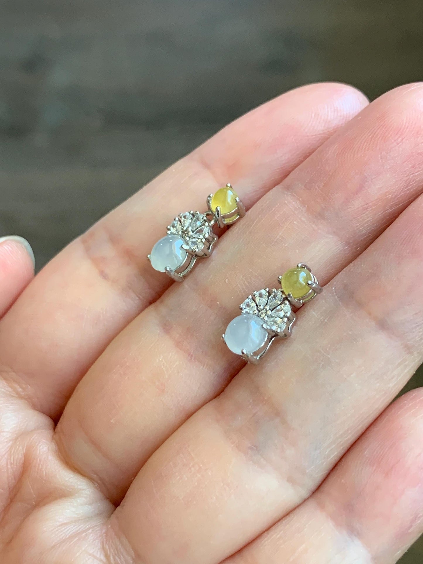 Natural Grade A Icy Highly Translucent Yellow & White Jade Jadeite Stud Dangle Earrings Sterling Silver 天然冰黄白翡翠银镶耳钉 MHB55