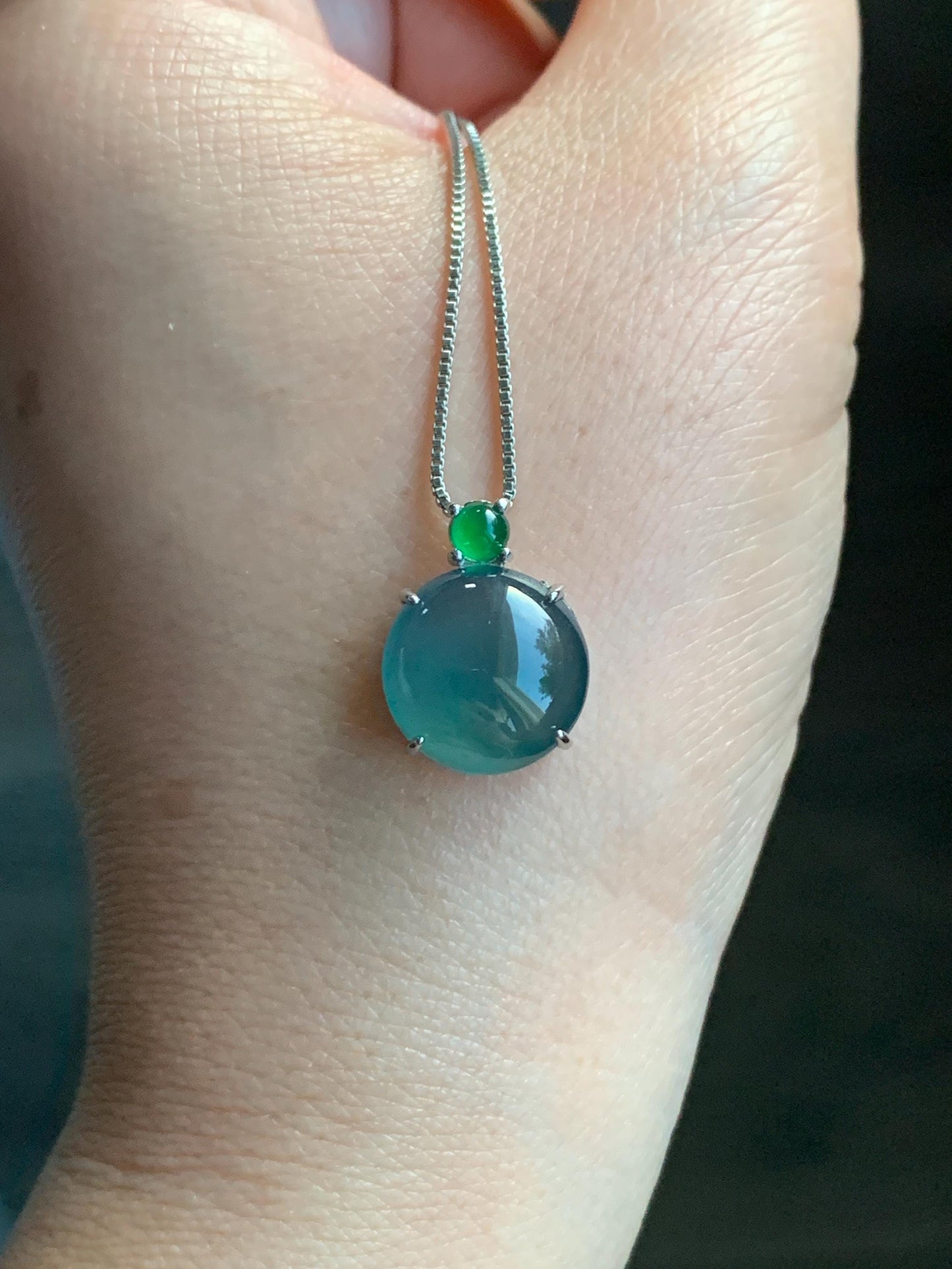Natural Guatemalan Grade A Icy Highly Translucent Teal Blue Jadeite Large Round Cabochon Pendant Sterling Silver 天然冰危蓝翡翠大蛋面银镶吊坠 DWD128