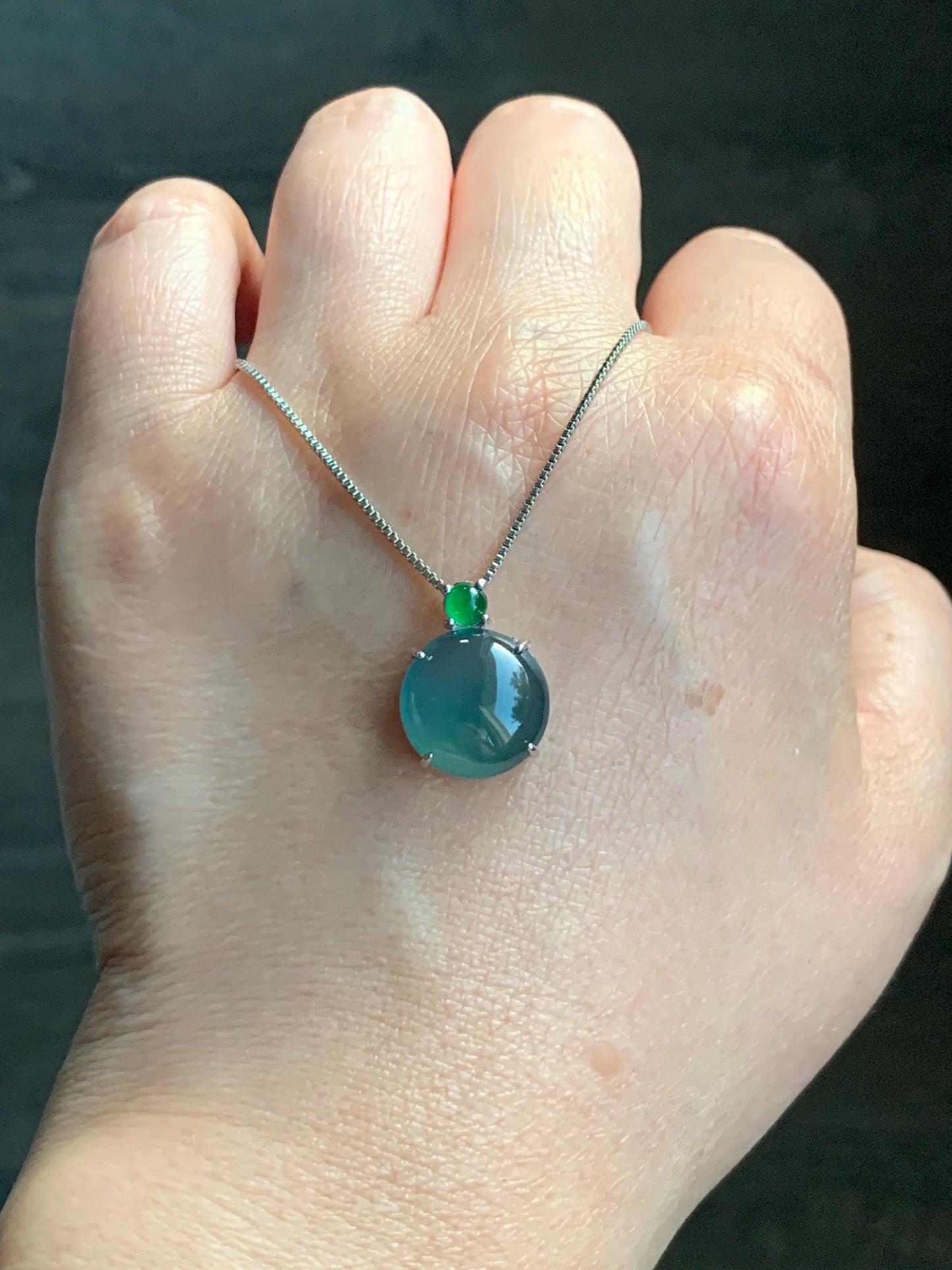 Natural Guatemalan Grade A Icy Highly Translucent Teal Blue Jadeite Large Round Cabochon Pendant Sterling Silver 天然冰危蓝翡翠大蛋面银镶吊坠 DWD128