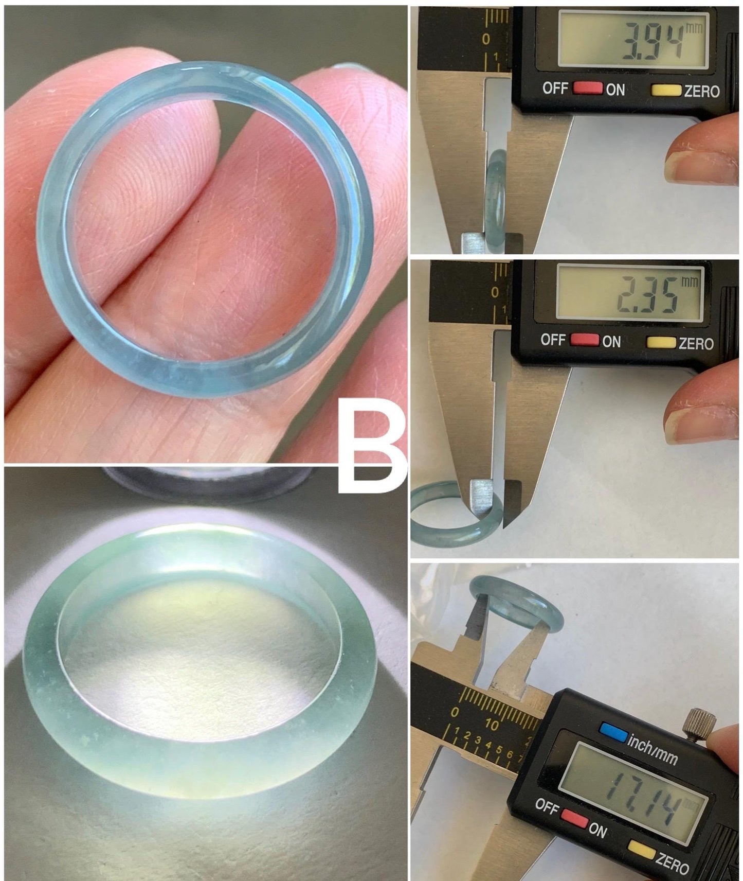 Natural Grade A Guatemalan Premium Icy Highly Translucent Pastel Teal Blue Jadeite Band Ring Size 6.5 US 天然冰危蓝起冰起光翡翠戒圈 DPH44