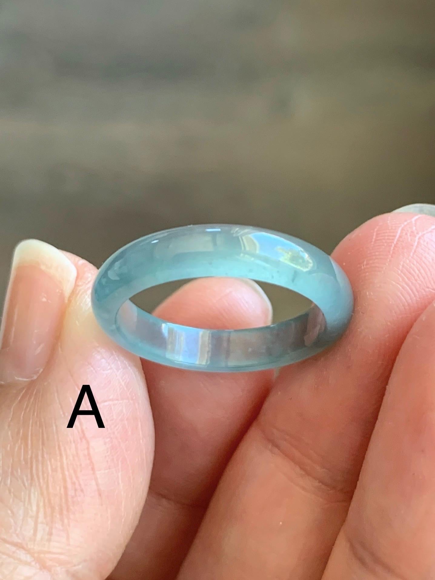 Natural Grade A Guatemalan Premium Icy Highly Translucent Pastel Teal Blue Jadeite Band Ring Size 6.5 US 天然冰危蓝起冰起光翡翠戒圈 DPH44