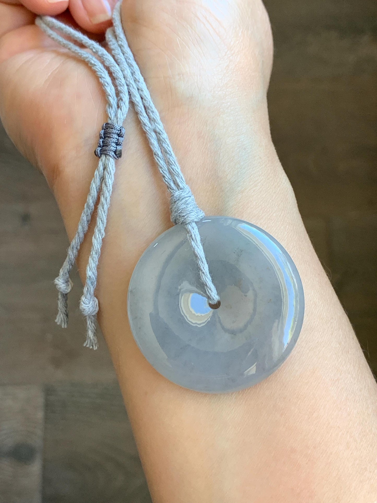 Certified Grade A Natural Icy Translucent Gelatinous Smoky Wuji Marbled Jadeite Ping An Kou Donut Pendant Necklace 天然老种冰胶藕粉乌鸡翡翠平安扣吊坠 1497