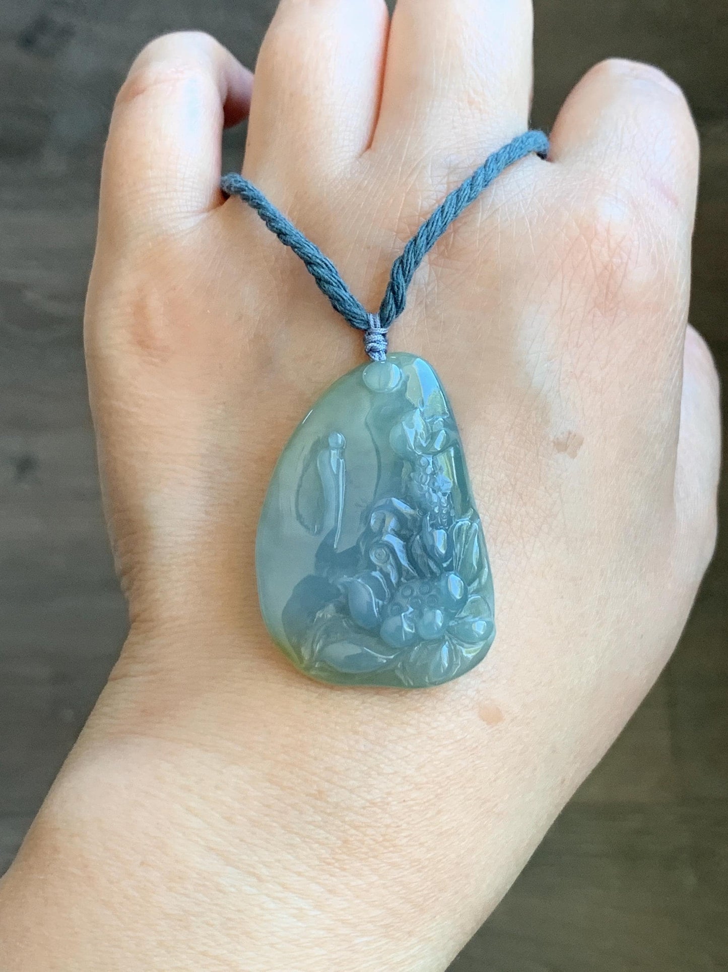 Natural Guatemalan Icy Translucent Pastel Blue Yellow Marbled Jadeite Lotus Flower Meditating Monk Pendant Rope Necklace 26” 天然冰危蓝加黄翡翠莲花悟道吊坠