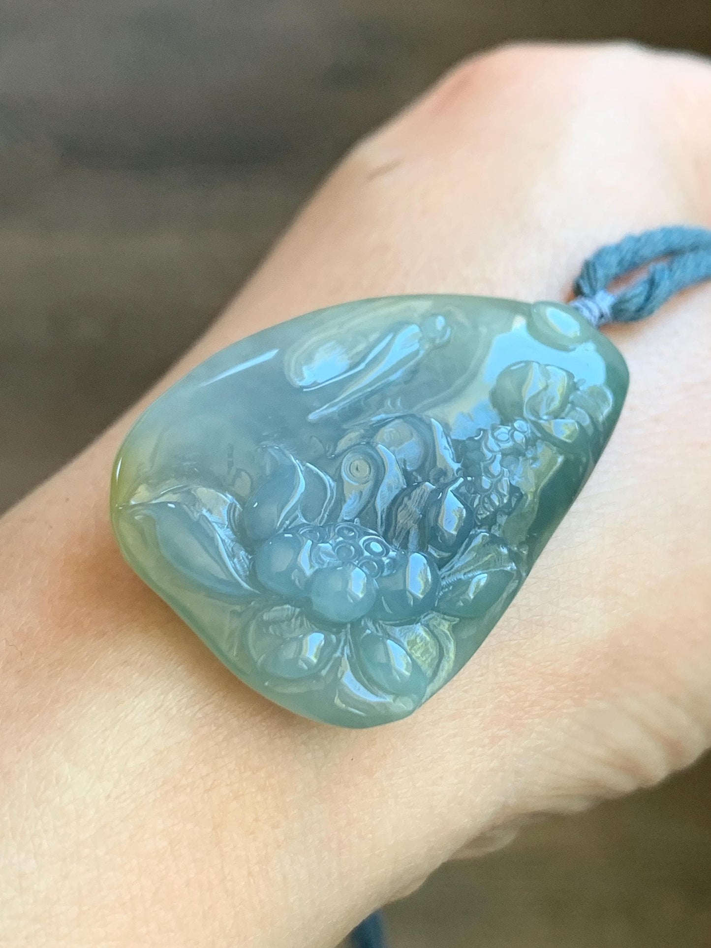 Natural Guatemalan Icy Translucent Pastel Blue Yellow Marbled Jadeite Lotus Flower Meditating Monk Pendant Rope Necklace 26” 天然冰危蓝加黄翡翠莲花悟道吊坠